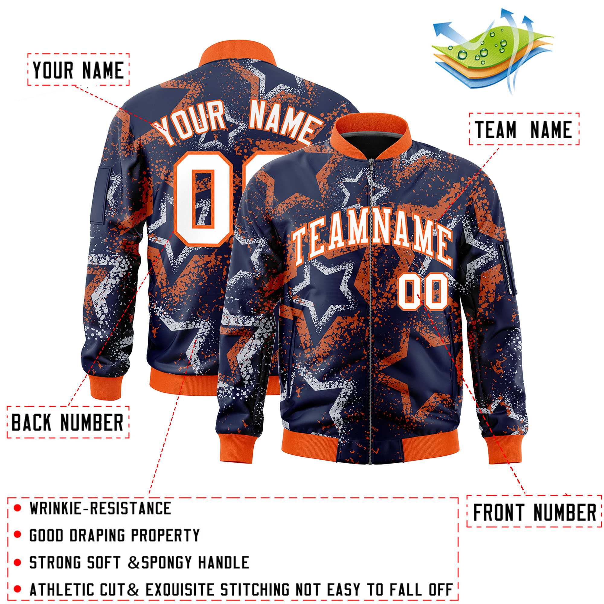 Custom Navy Varsity Full-Zip Star Pattern Letterman Bomber Jacket