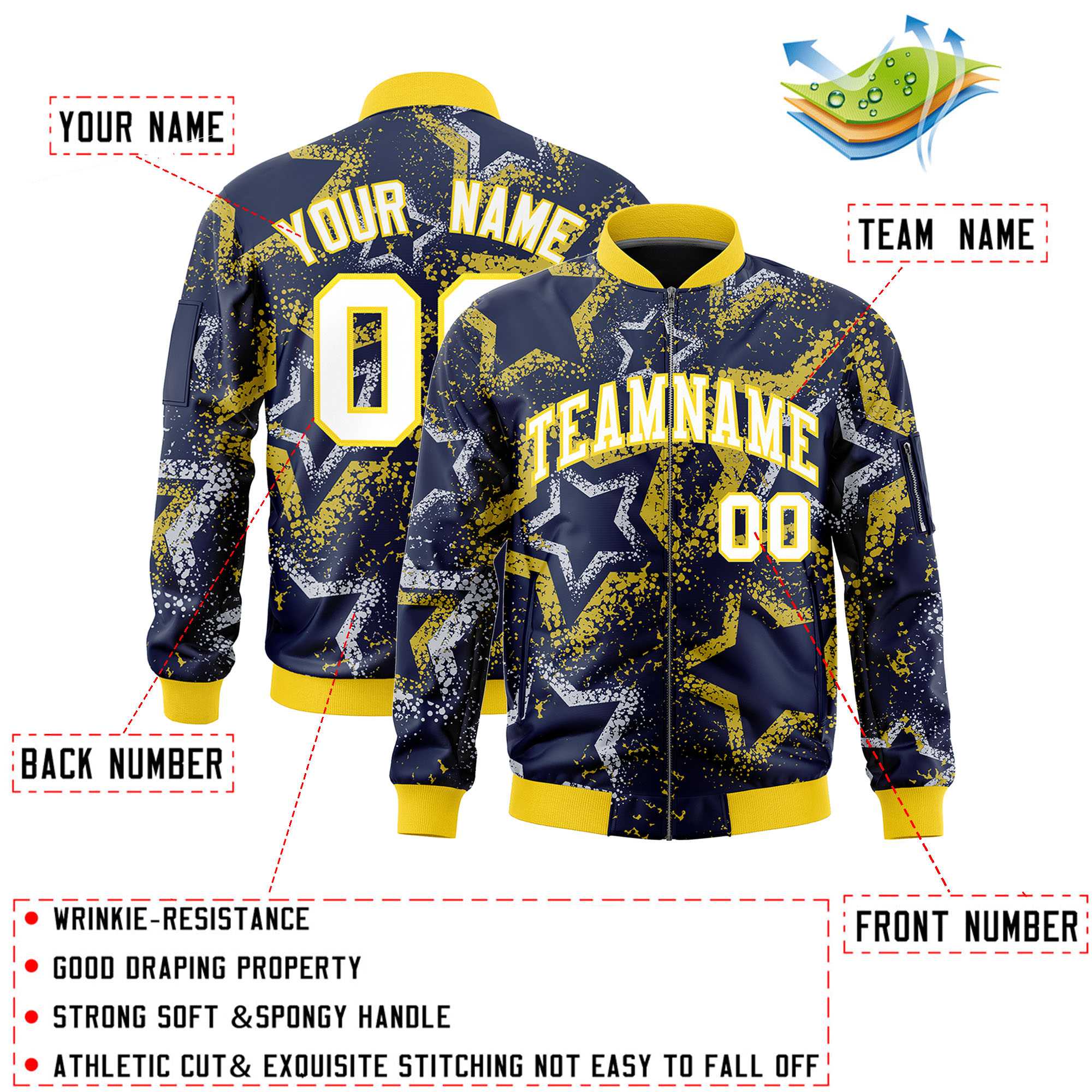 Custom Navy Varsity Full-Zip Star Pattern Letterman Bomber Jacket