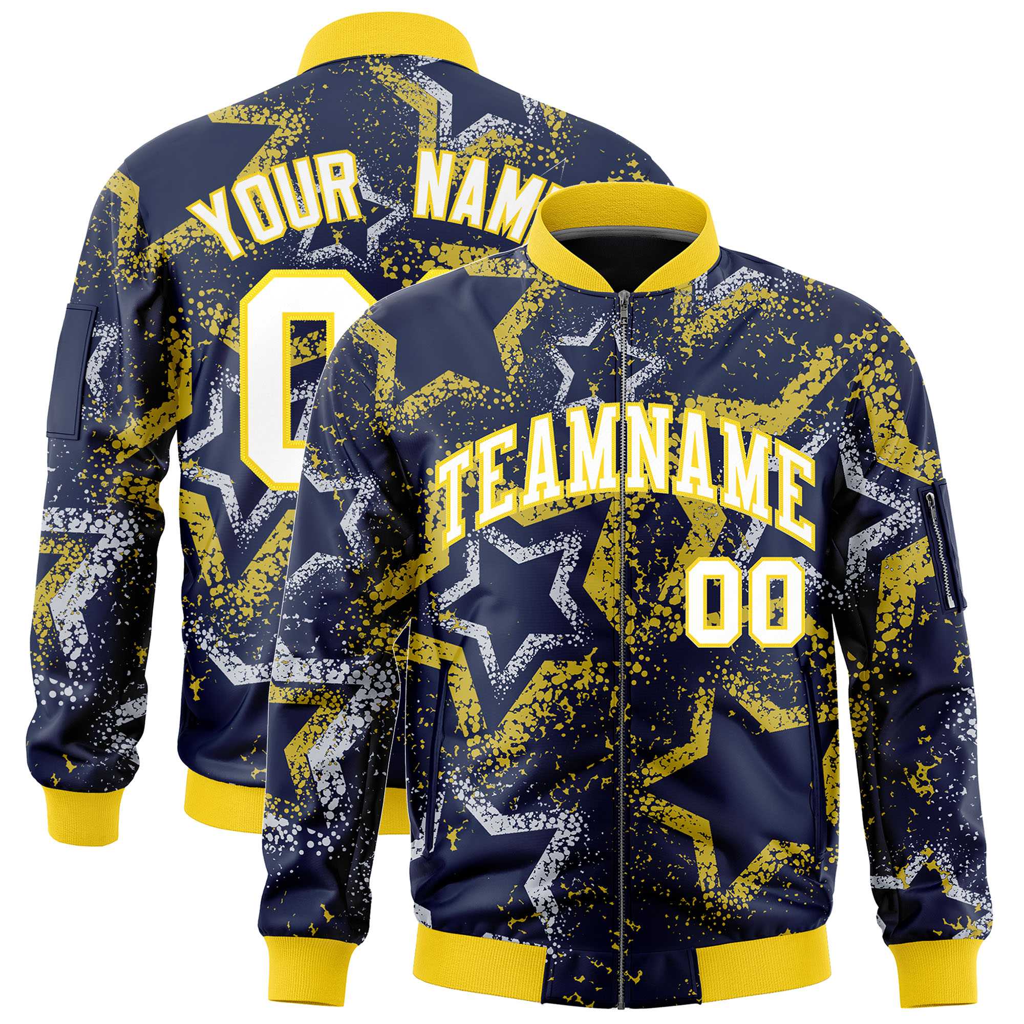 Custom Navy Varsity Full-Zip Star Pattern Letterman Bomber Jacket