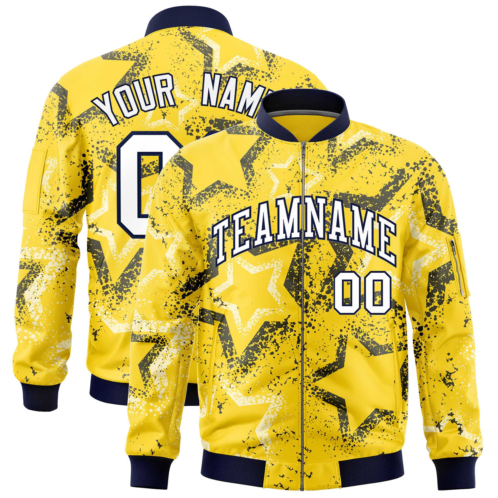 Custom Gold Varsity Full-Zip Star Pattern Letterman Bomber Jacket