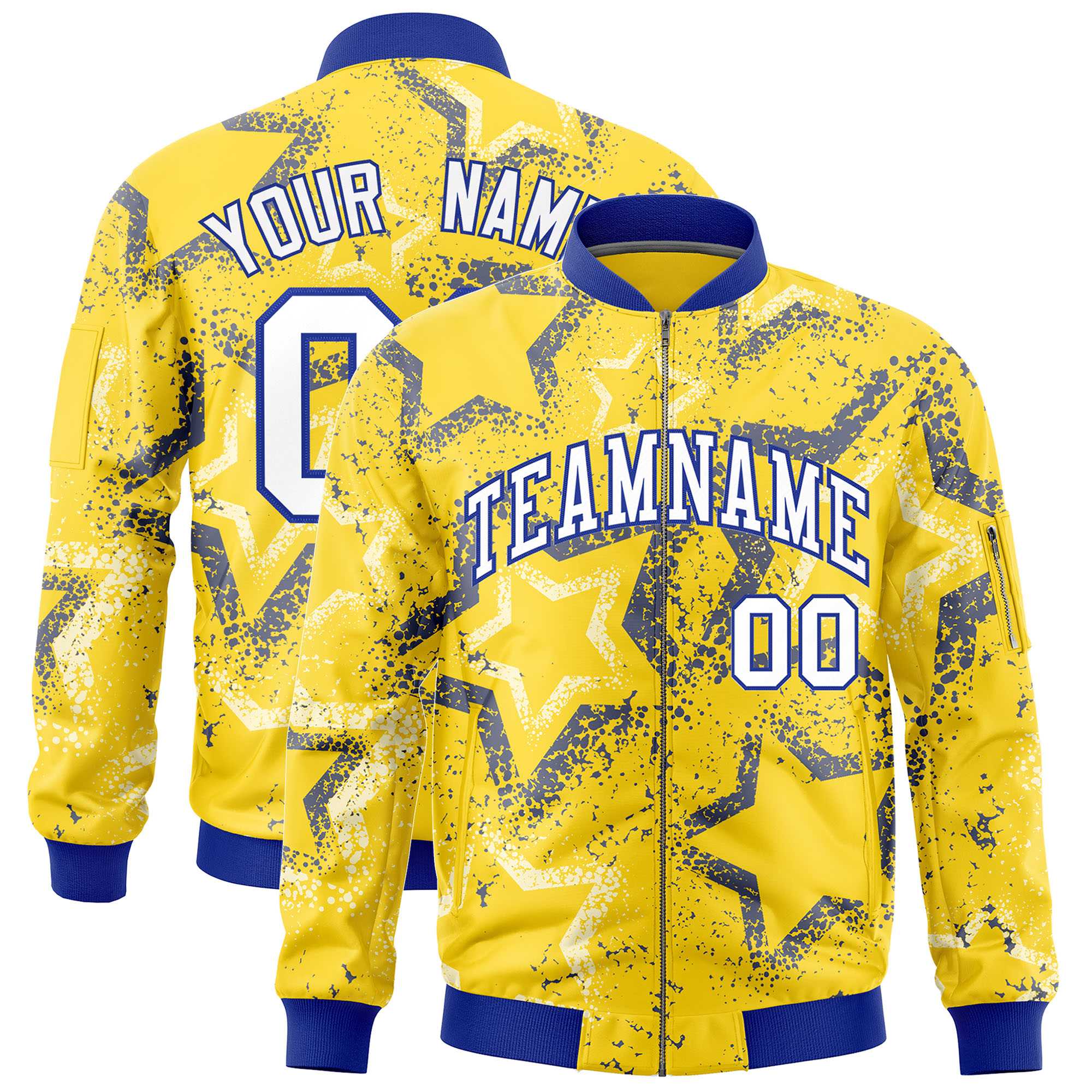 Custom Gold Varsity Full-Zip Star Pattern Letterman Bomber Jacket