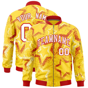 Custom Gold Varsity Full-Zip Star Pattern Letterman Bomber Jacket