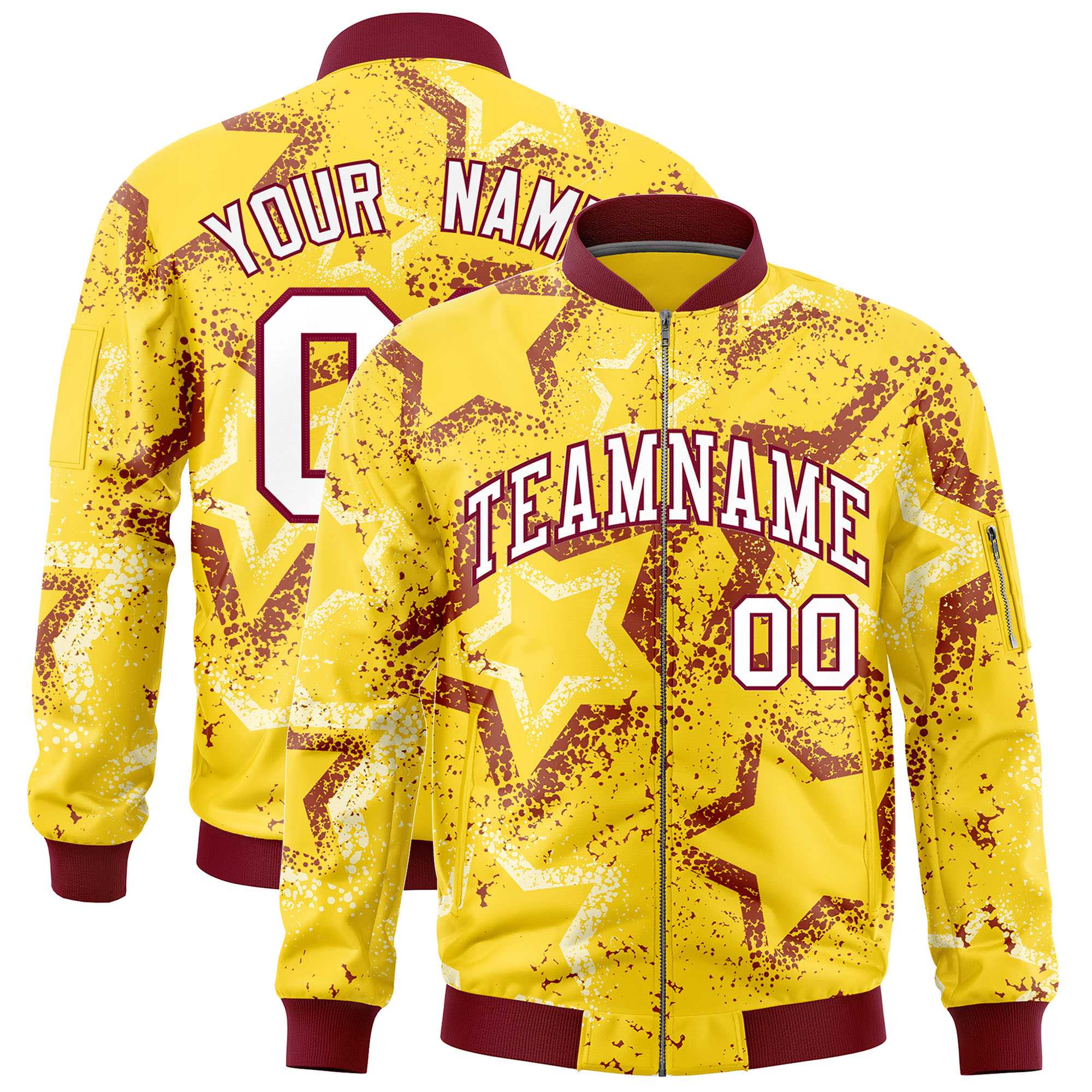 Custom Gold Varsity Full-Zip Star Pattern Letterman Bomber Jacket