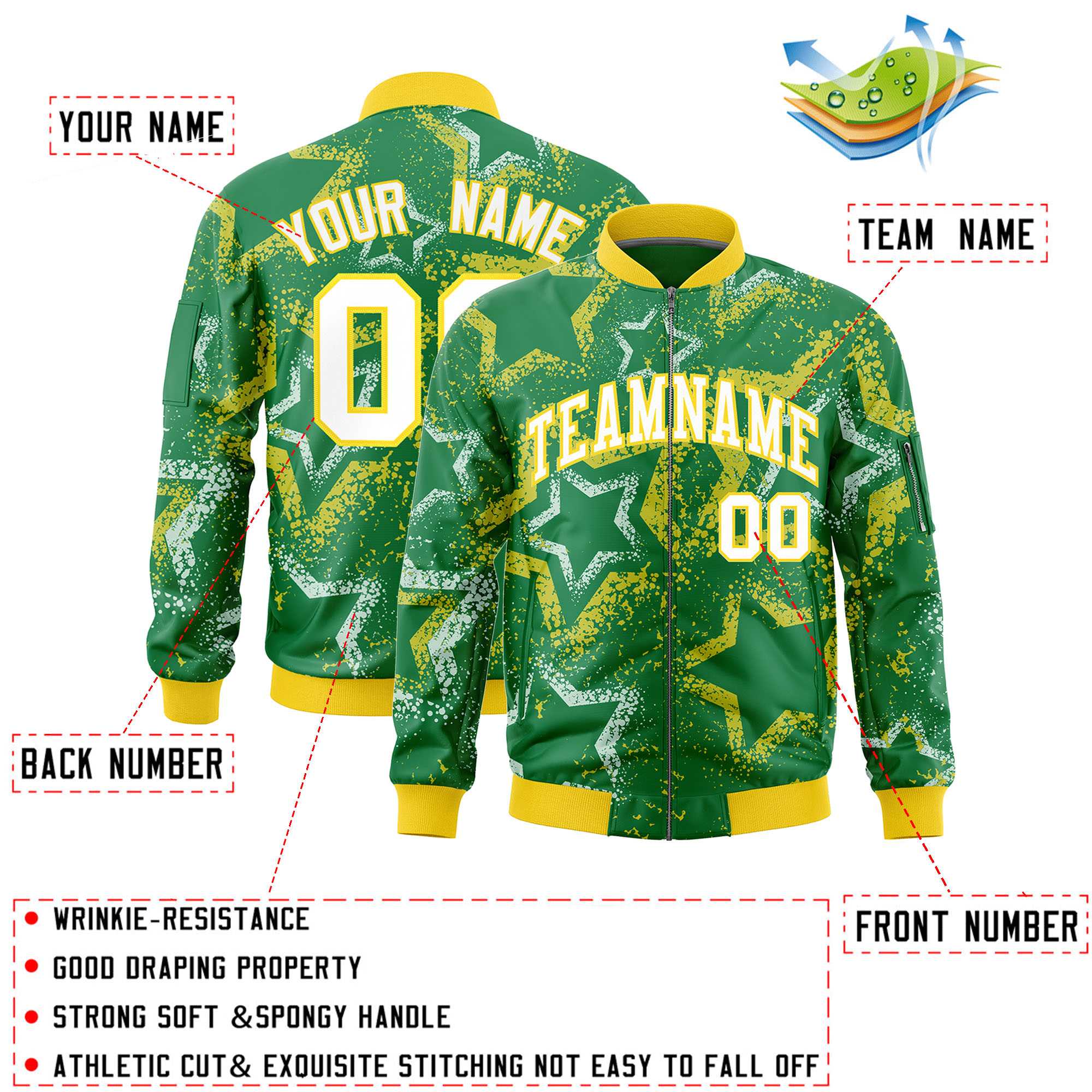 Custom Kelly Green Varsity Full-Zip Star Pattern Letterman Bomber Jacket