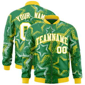 Custom Kelly Green Varsity Full-Zip Star Pattern Letterman Bomber Jacket