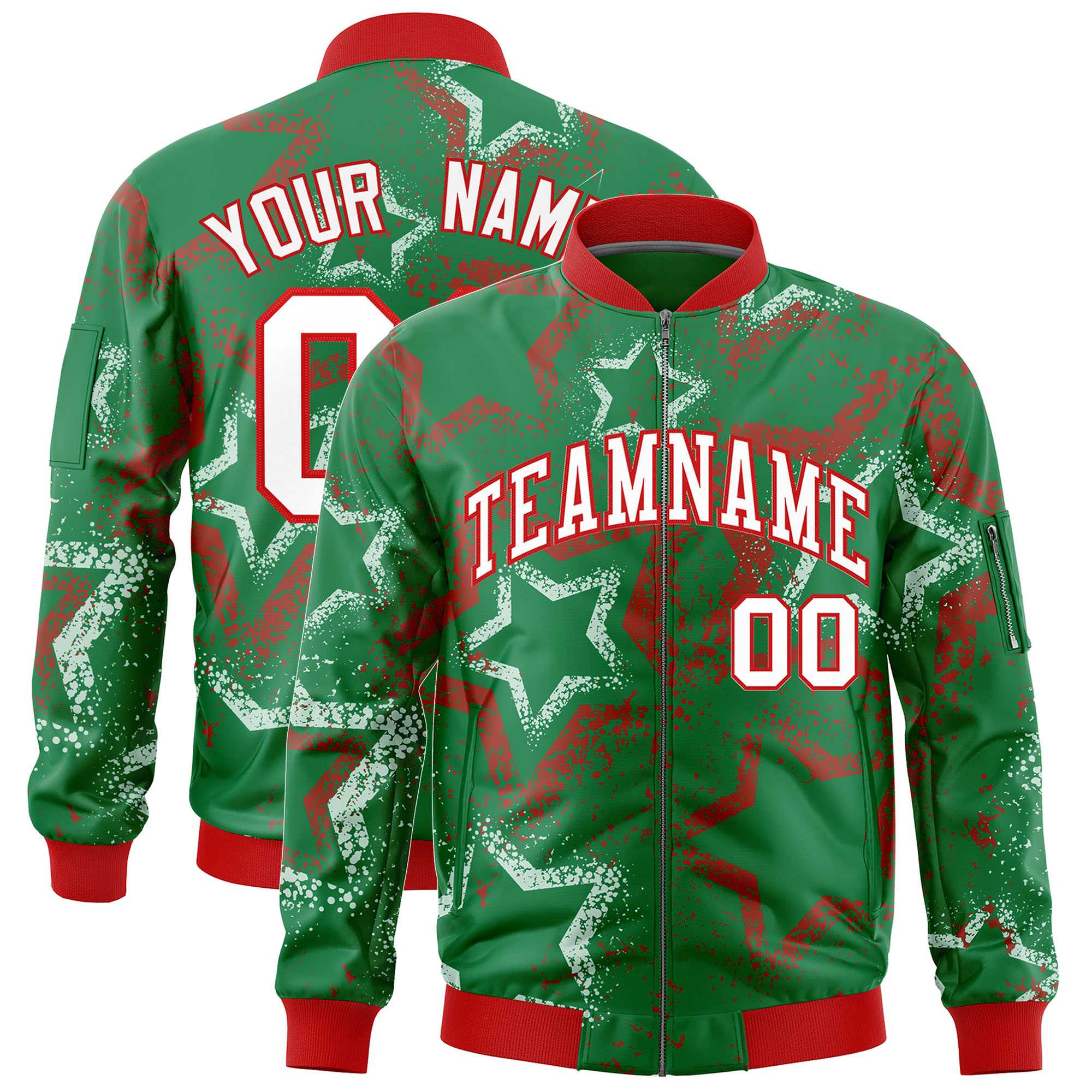 Custom Kelly Green Varsity Full-Zip Star Pattern Letterman Bomber Jacket