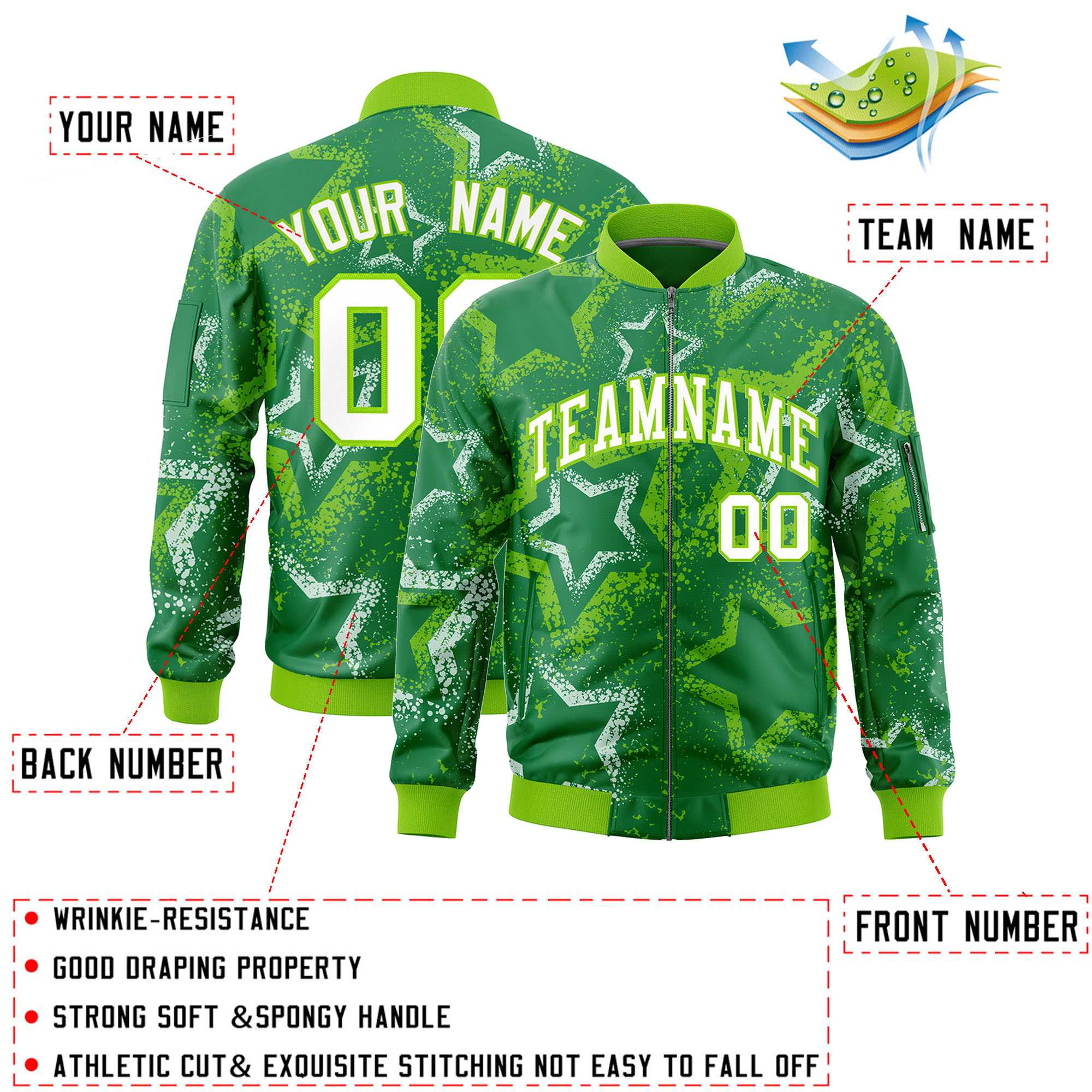 Custom Kelly Green Varsity Full-Zip Star Pattern Letterman Bomber Jacket