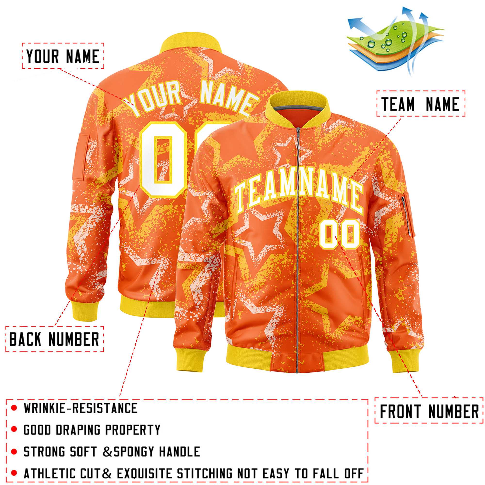 Custom Orange Varsity Full-Zip Star Pattern Letterman Bomber Jacket