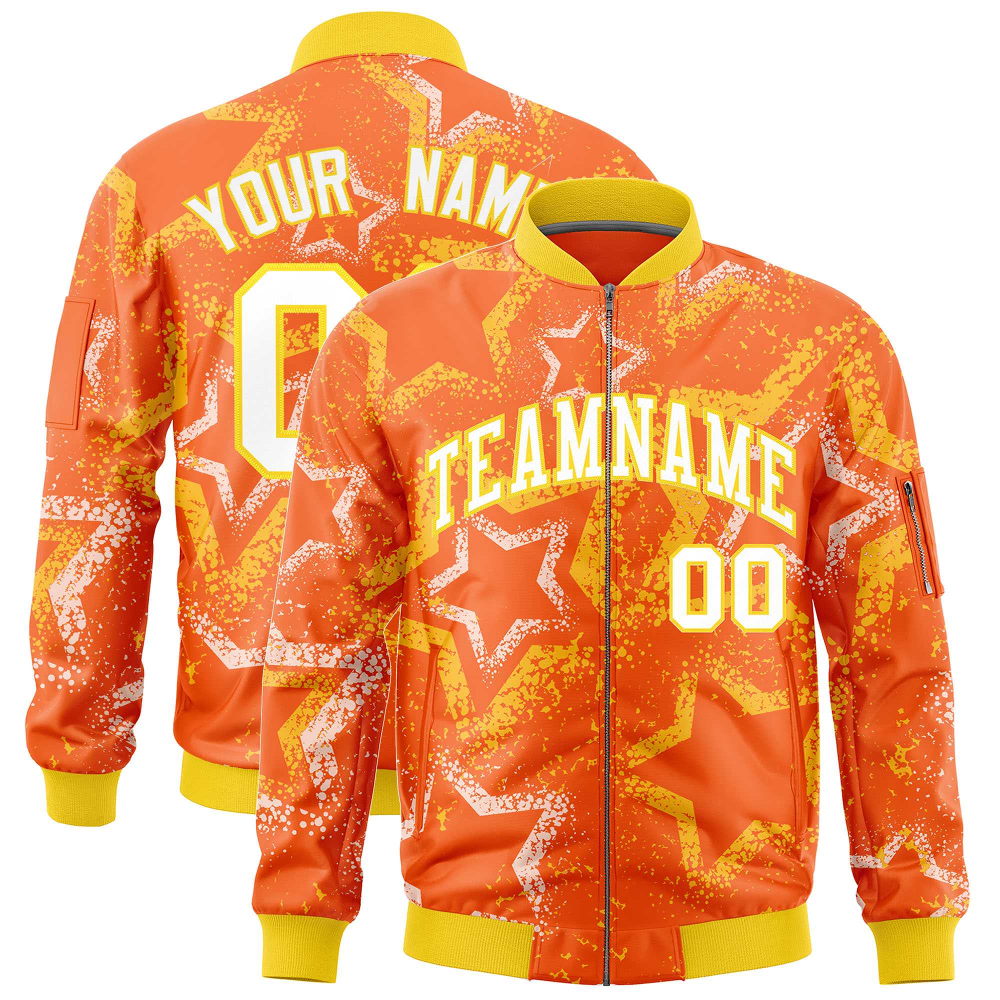 Custom Orange Varsity Full-Zip Star Pattern Letterman Bomber Jacket