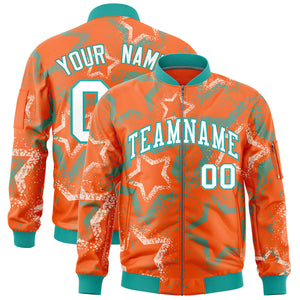 Custom Orange Varsity Full-Zip Star Pattern Letterman Bomber Jacket