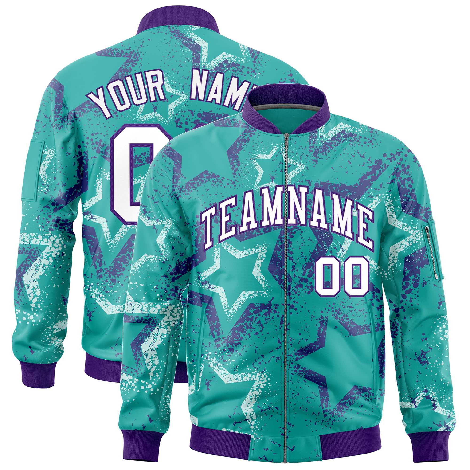 Custom Aqua Varsity Full-Zip Star Pattern Letterman Bomber Jacket