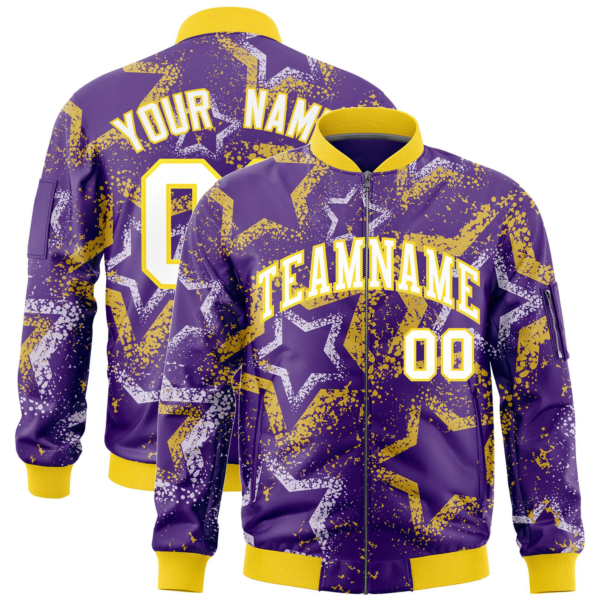 Custom Purple Varsity Full-Zip Star Pattern Letterman Bomber Jacket