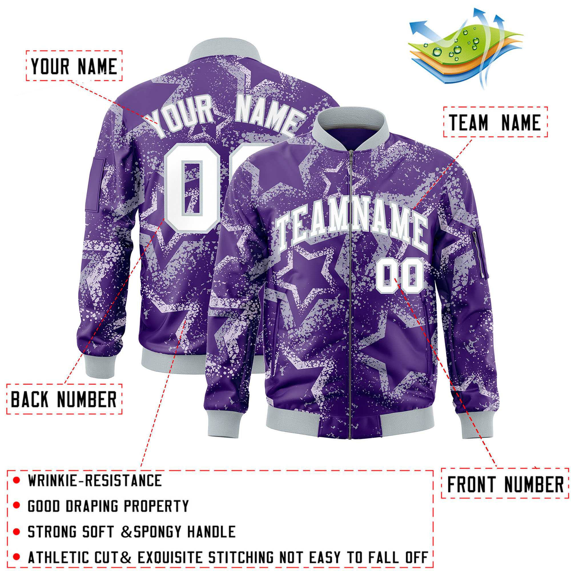 Custom Purple Varsity Full-Zip Star Pattern Letterman Bomber Jacket