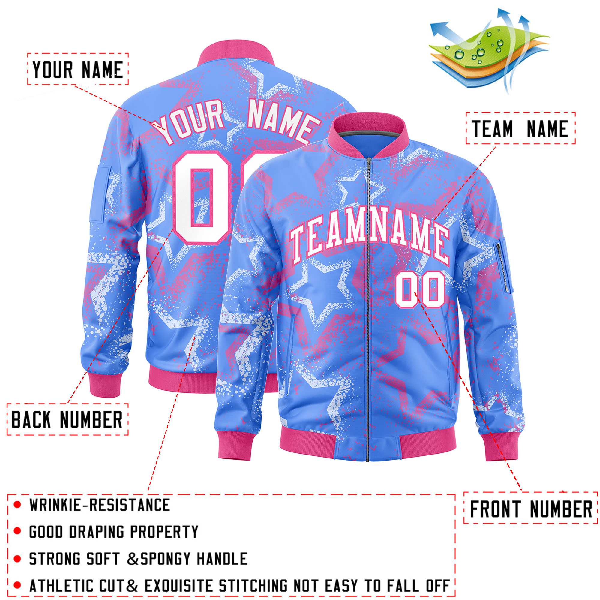 Custom Powder Blue Varsity Full-Zip Star Pattern Letterman Bomber Jacket