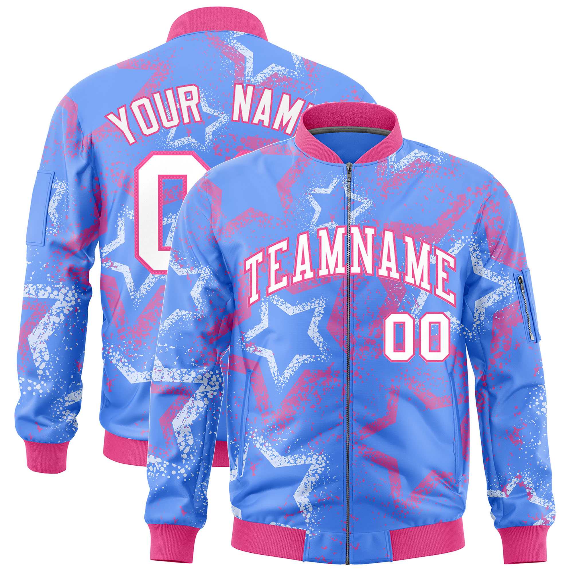 Custom Powder Blue Varsity Full-Zip Star Pattern Letterman Bomber Jacket