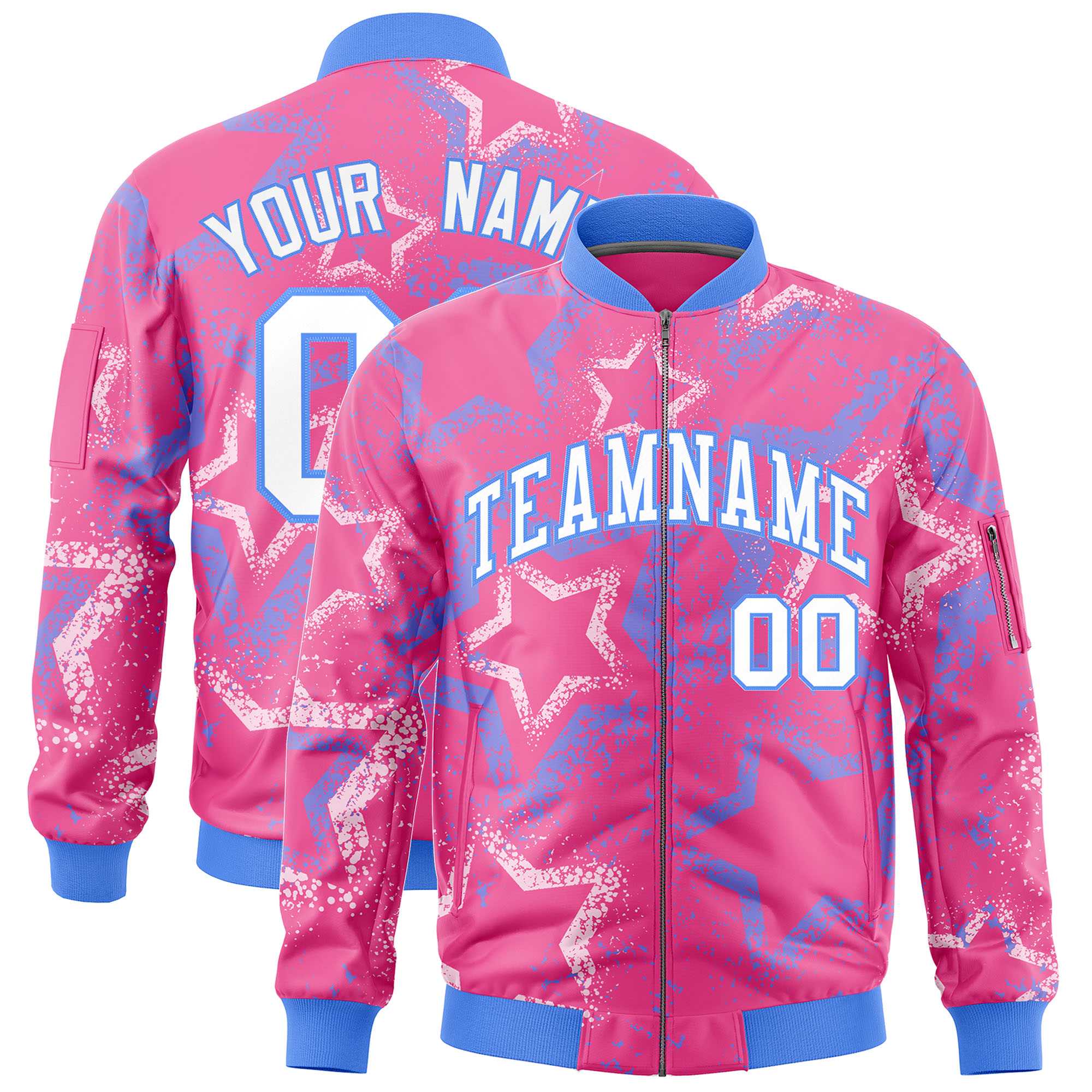 Custom Pink Varsity Full-Zip Star Pattern Letterman Bomber Jacket