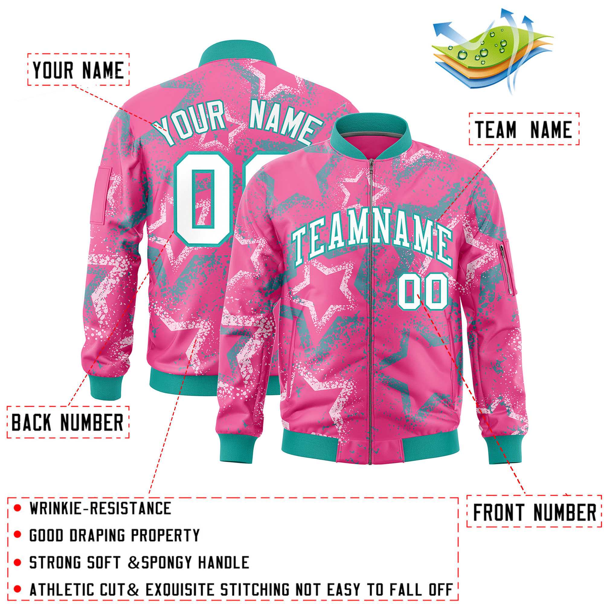 Custom Pink Varsity Full-Zip Star Pattern Letterman Bomber Jacket