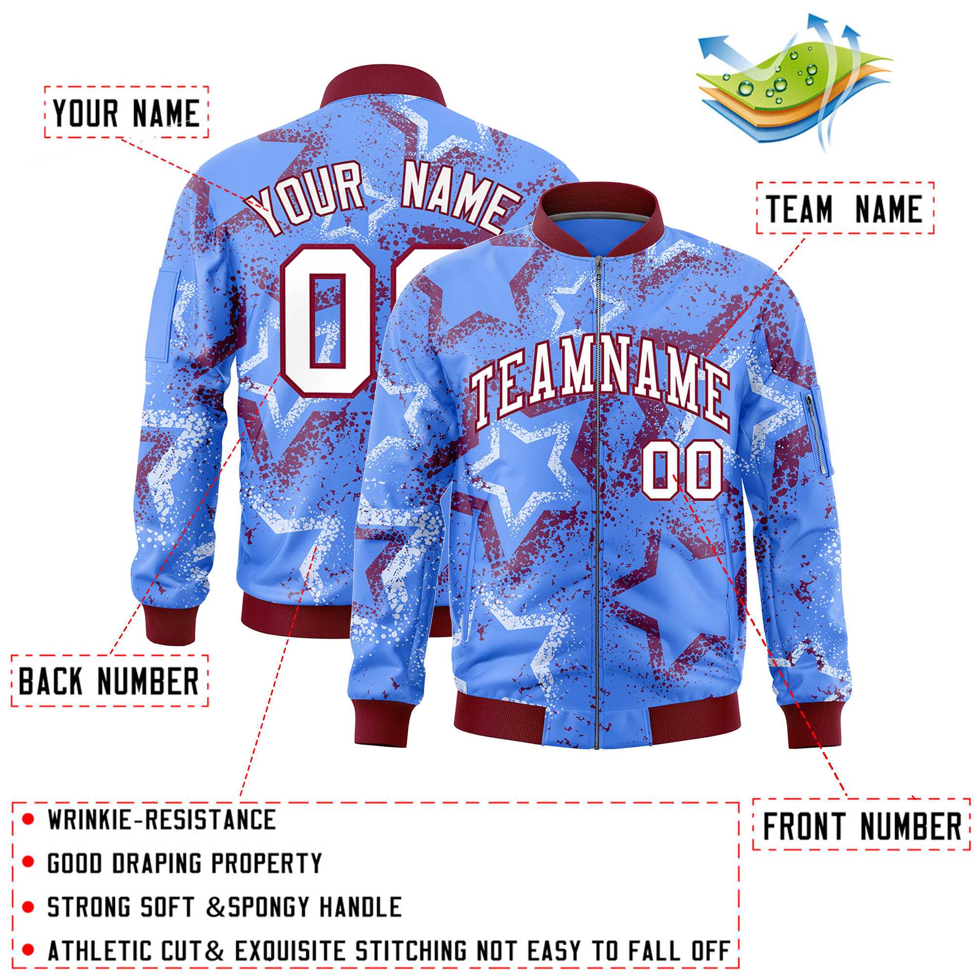 Custom Powder Blue Varsity Full-Zip Star Pattern Letterman Bomber Jacket