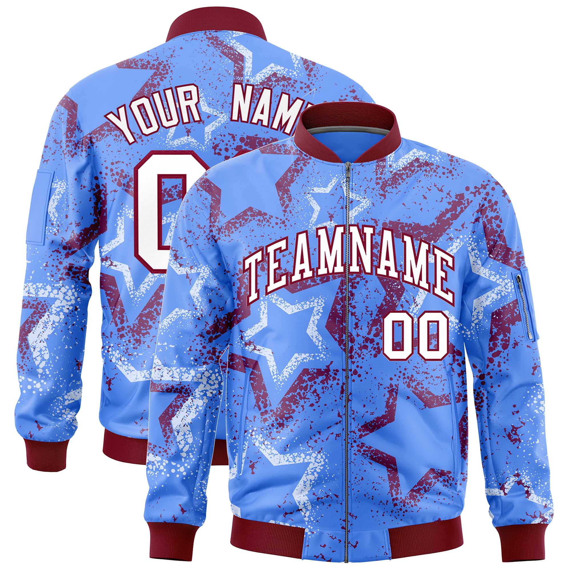 Custom Powder Blue Varsity Full-Zip Star Pattern Letterman Bomber Jacket