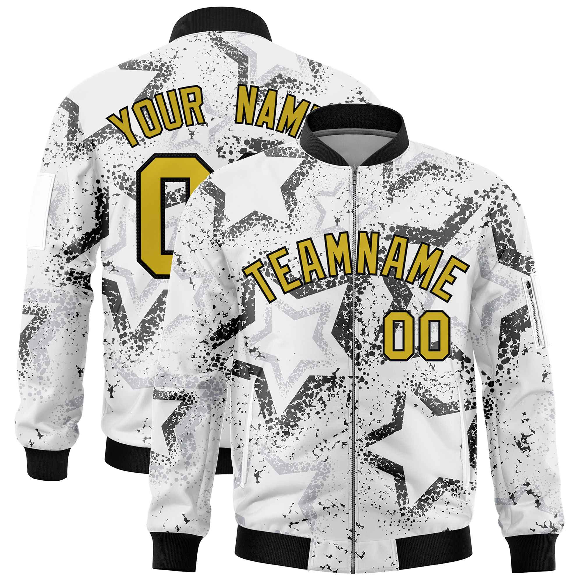 Custom White Varsity Full-Zip Star Pattern Letterman Bomber Jacket