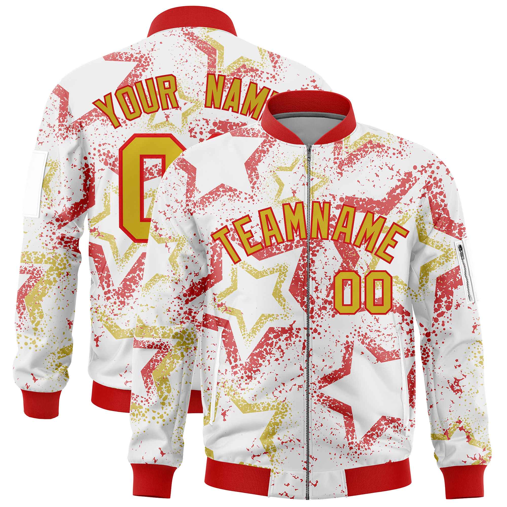 Custom White Varsity Full-Zip Star Pattern Letterman Bomber Jacket