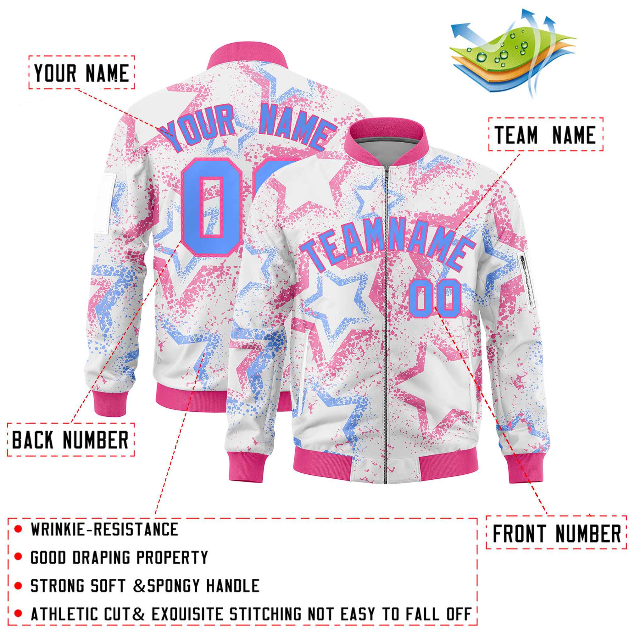 Custom White Varsity Full-Zip Star Pattern Letterman Bomber Jacket