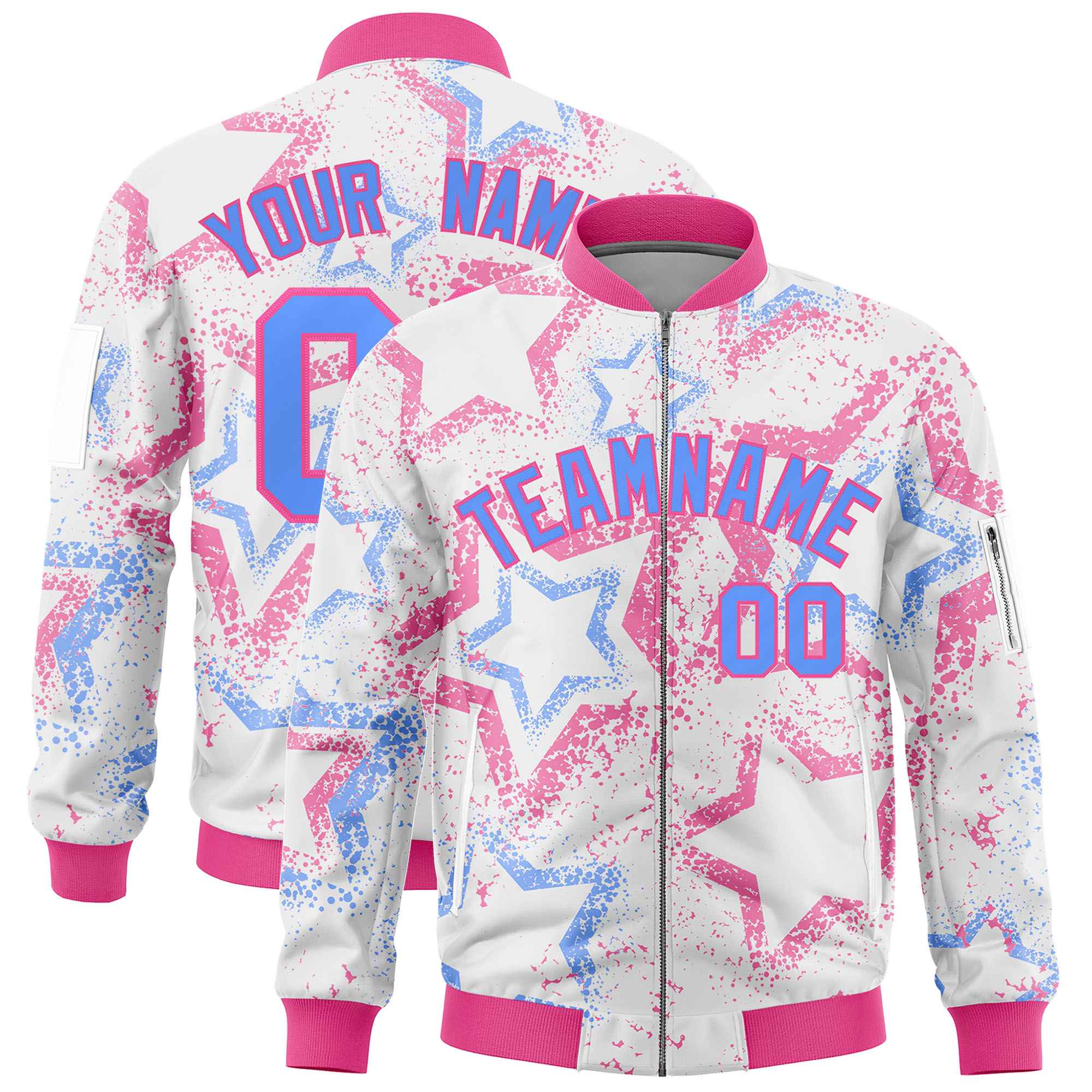 Custom White Varsity Full-Zip Star Pattern Letterman Bomber Jacket