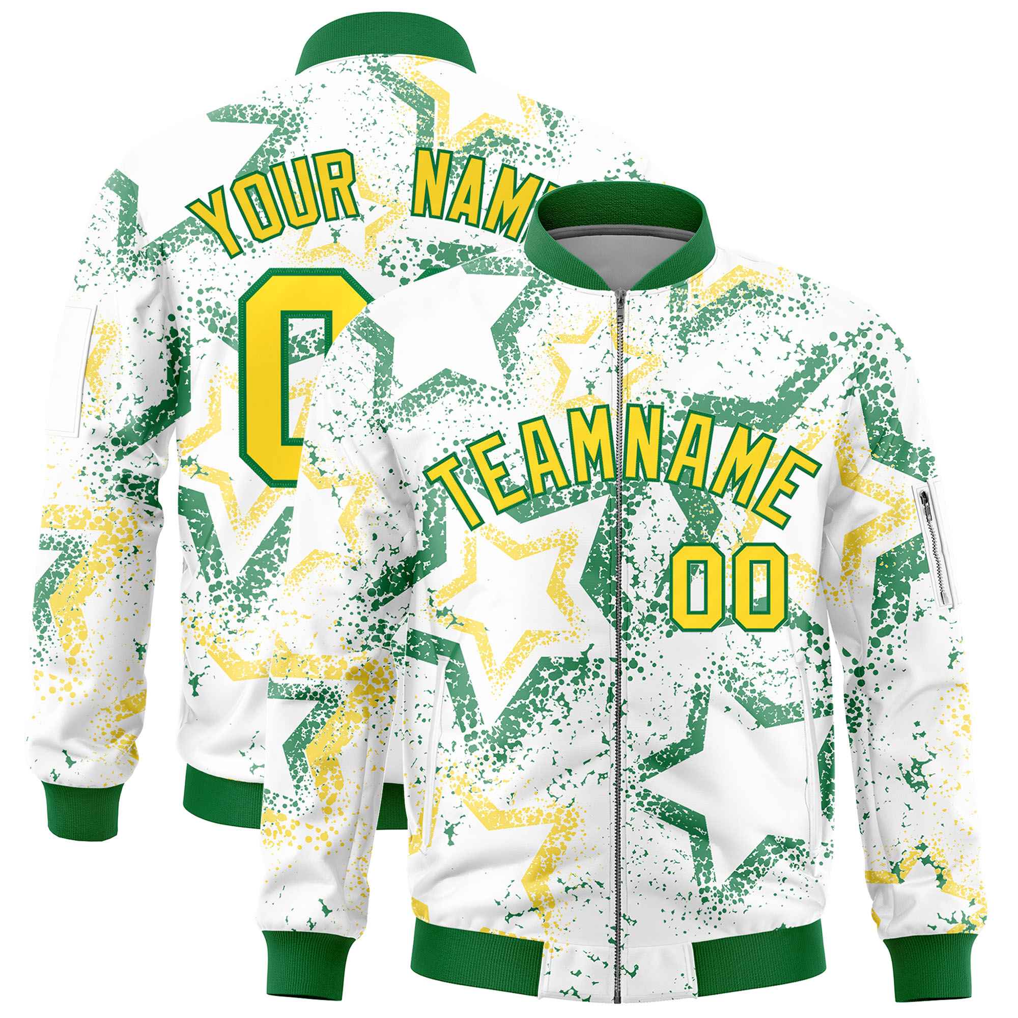 Custom White Varsity Full-Zip Star Pattern Letterman Bomber Jacket