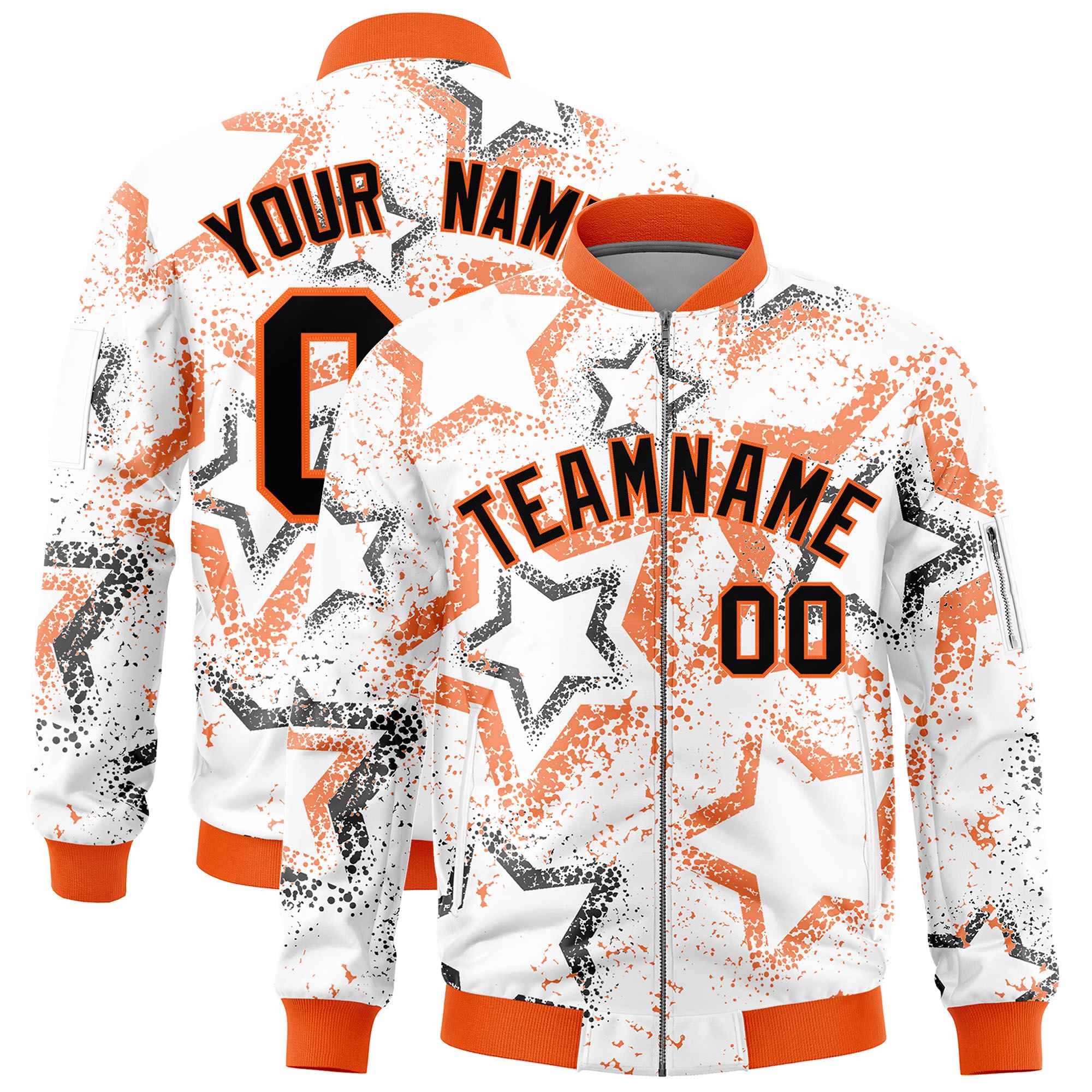 Custom White Varsity Full-Zip Star Pattern Letterman Bomber Jacket