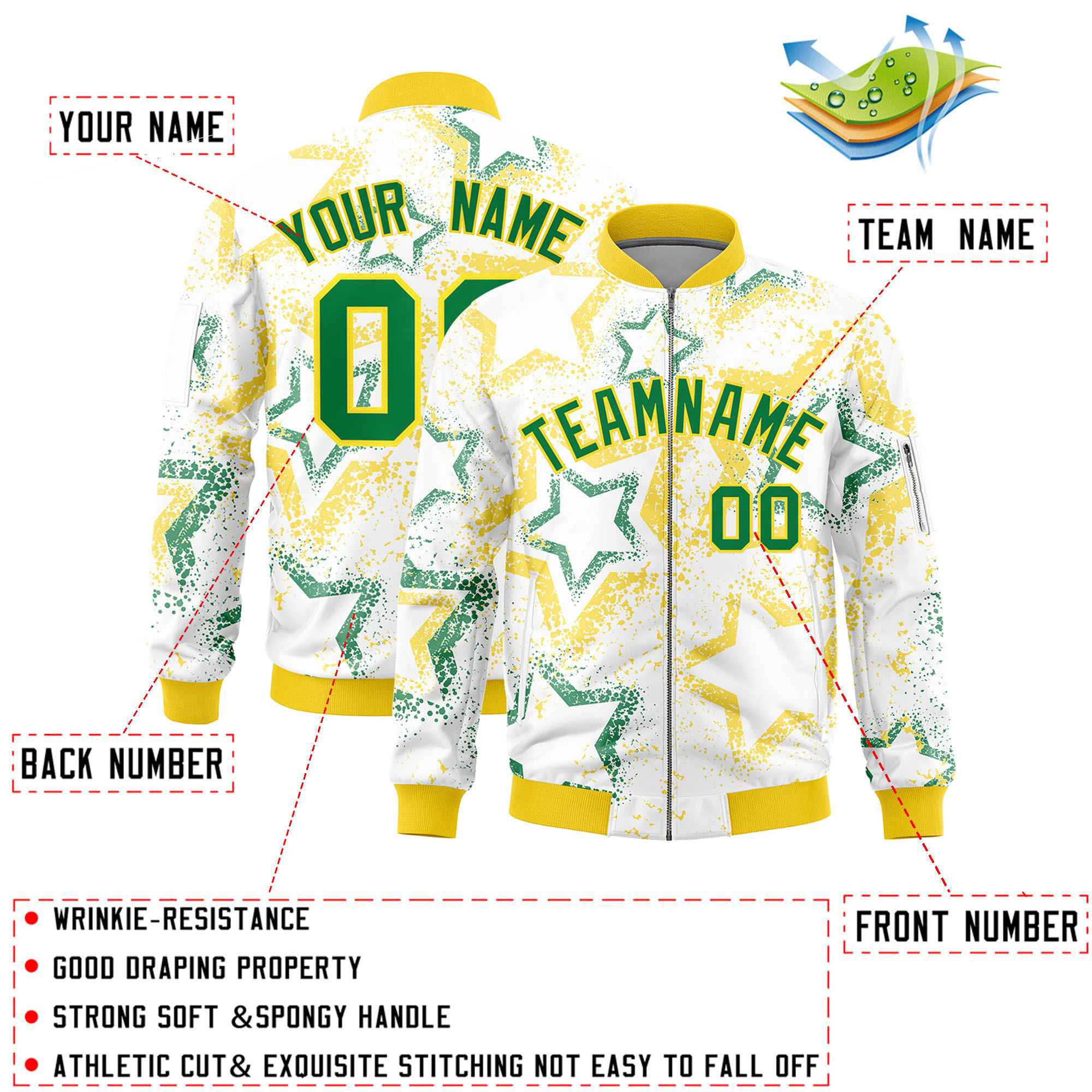 Custom White Varsity Full-Zip Star Pattern Letterman Bomber Jacket