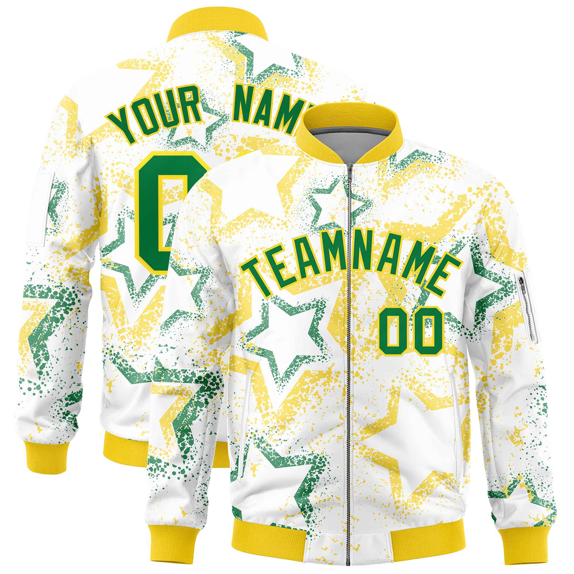 Custom White Varsity Full-Zip Star Pattern Letterman Bomber Jacket