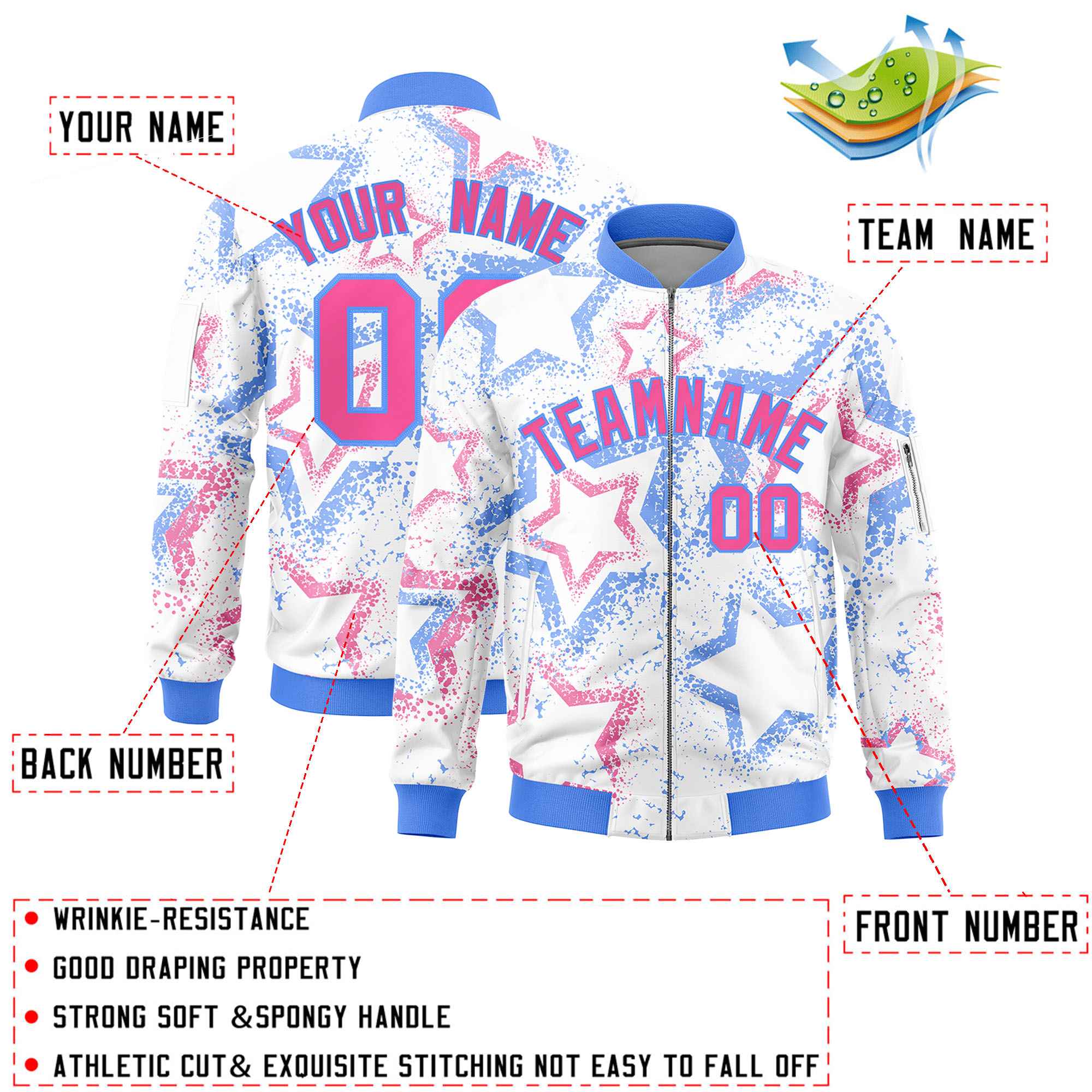 Custom White Varsity Full-Zip Star Pattern Letterman Bomber Jacket