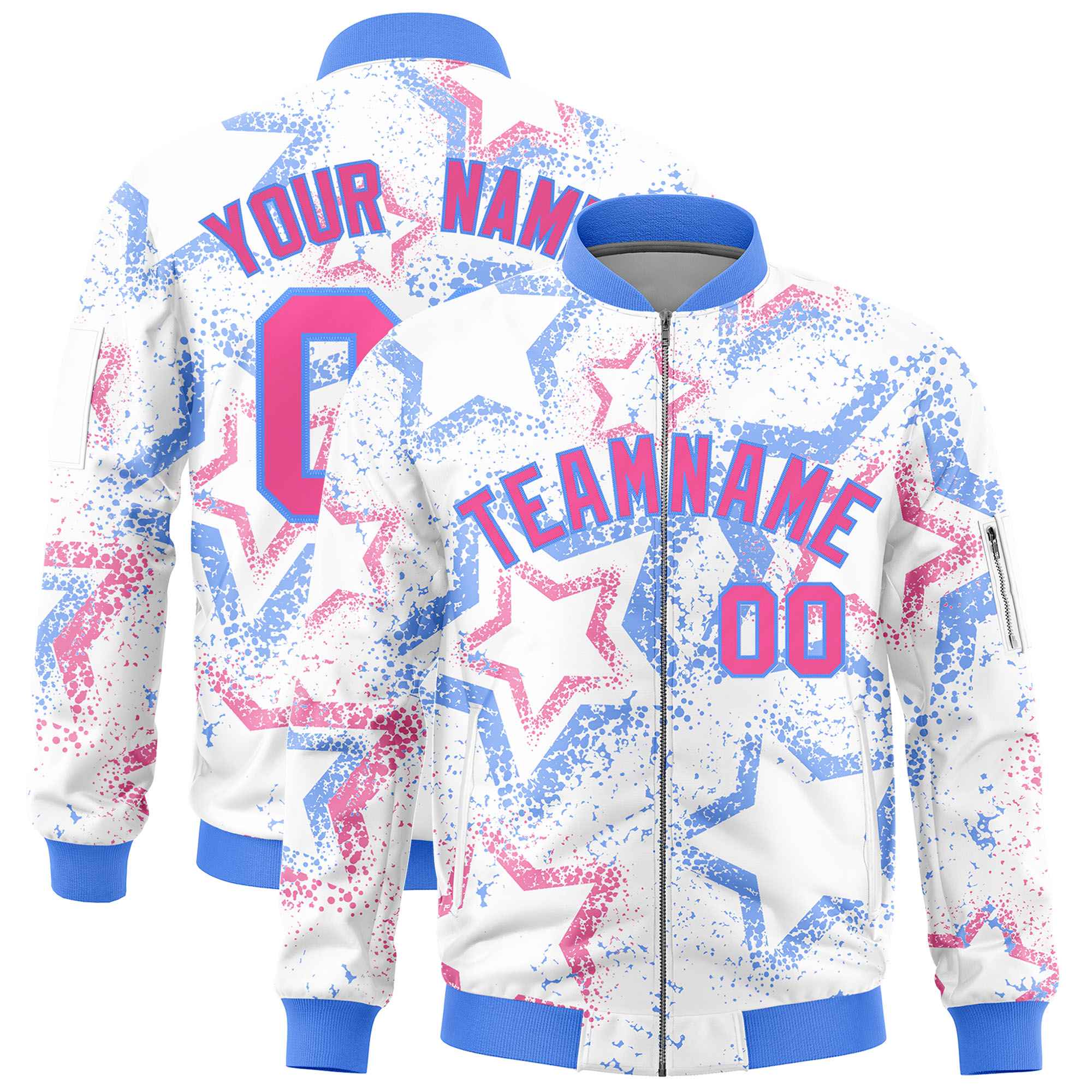 Custom White Varsity Full-Zip Star Pattern Letterman Bomber Jacket