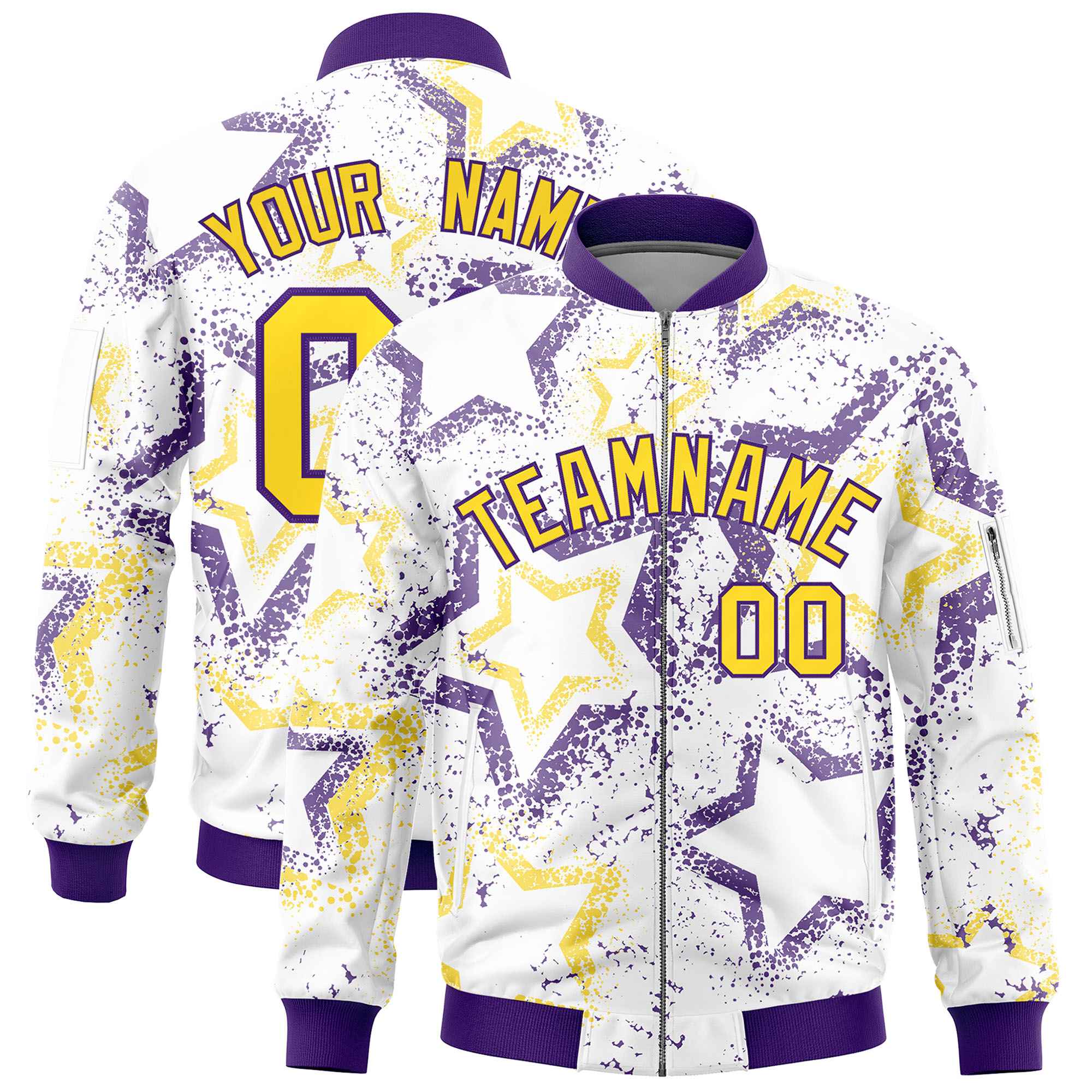 Custom White Varsity Full-Zip Star Pattern Letterman Bomber Jacket