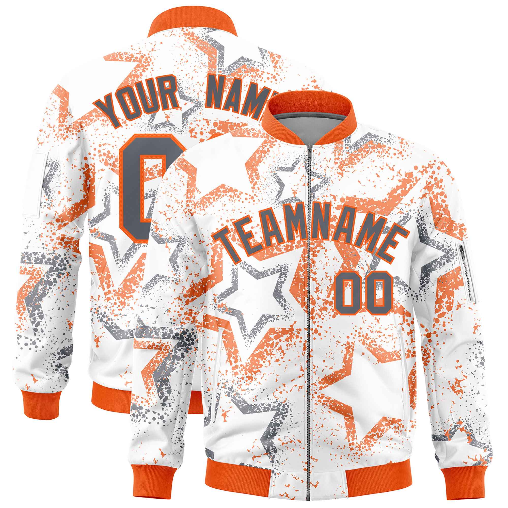 Custom White Varsity Full-Zip Star Pattern Letterman Bomber Jacket