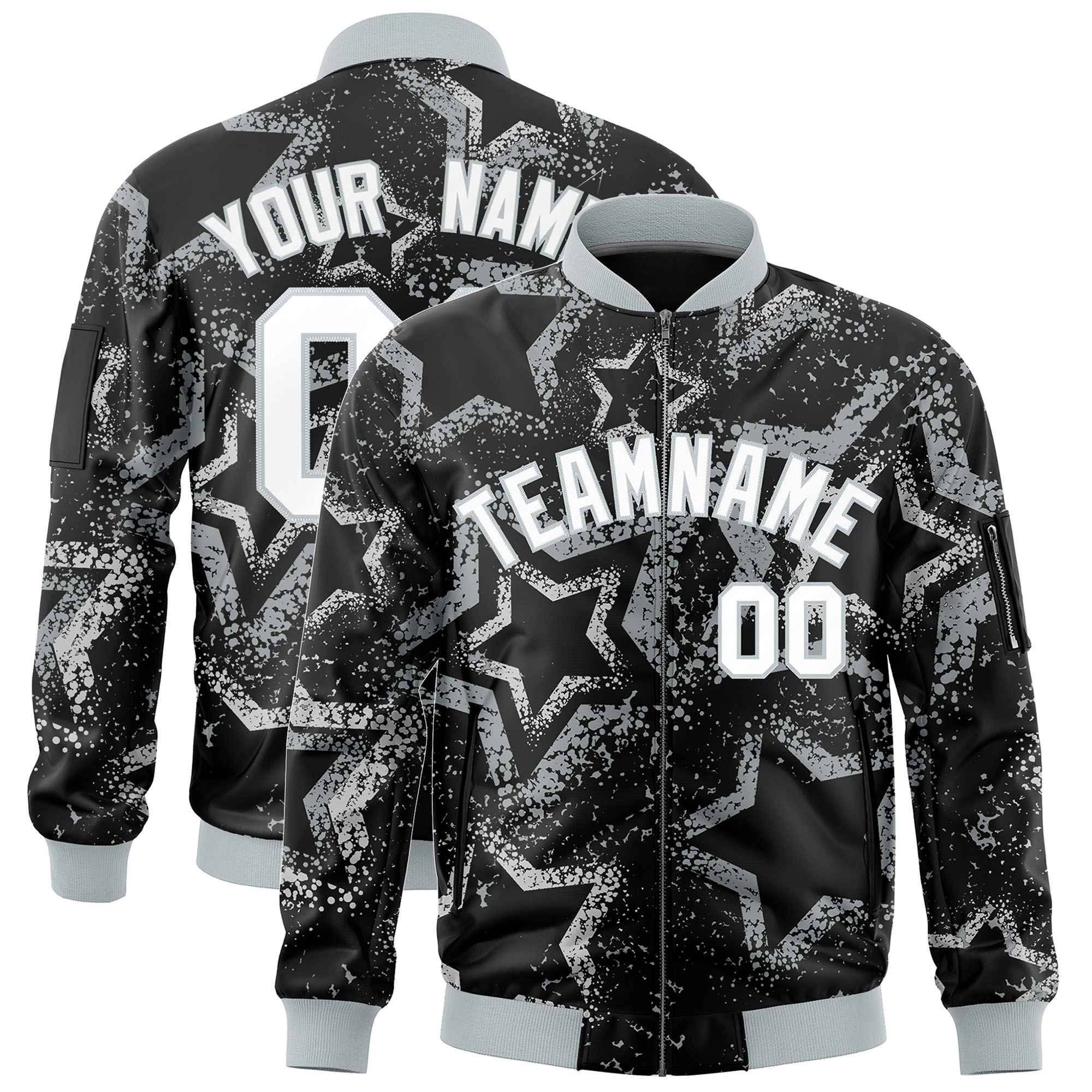 Custom Black Varsity Full-Zip Star Pattern Letterman Bomber Jacket