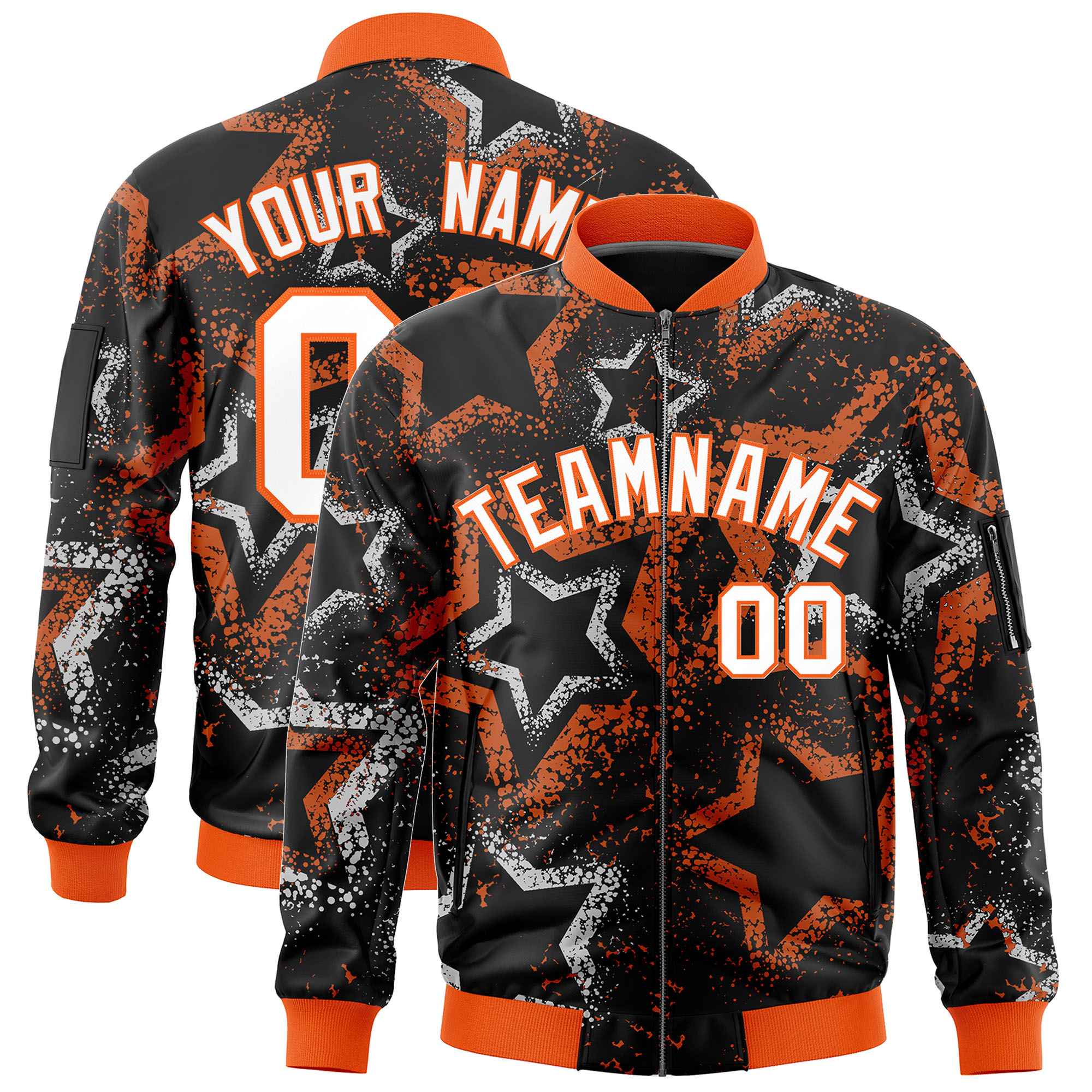 Custom Black Varsity Full-Zip Star Pattern Letterman Bomber Jacket