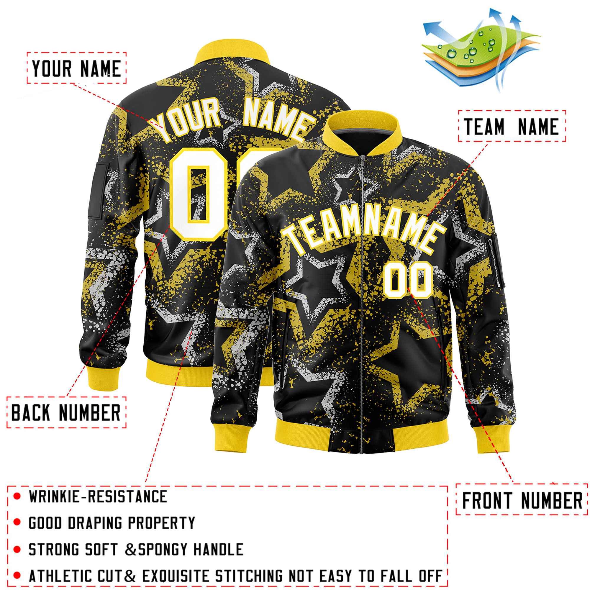 Custom Black Varsity Full-Zip Star Pattern Letterman Bomber Jacket