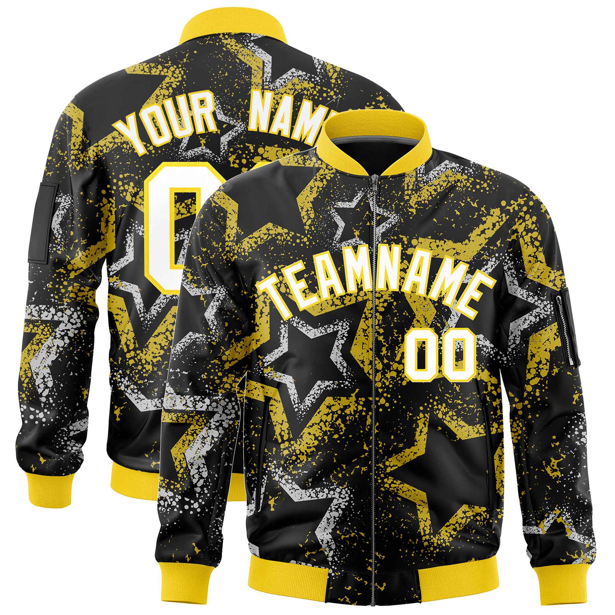 Custom Black Varsity Full-Zip Star Pattern Letterman Bomber Jacket