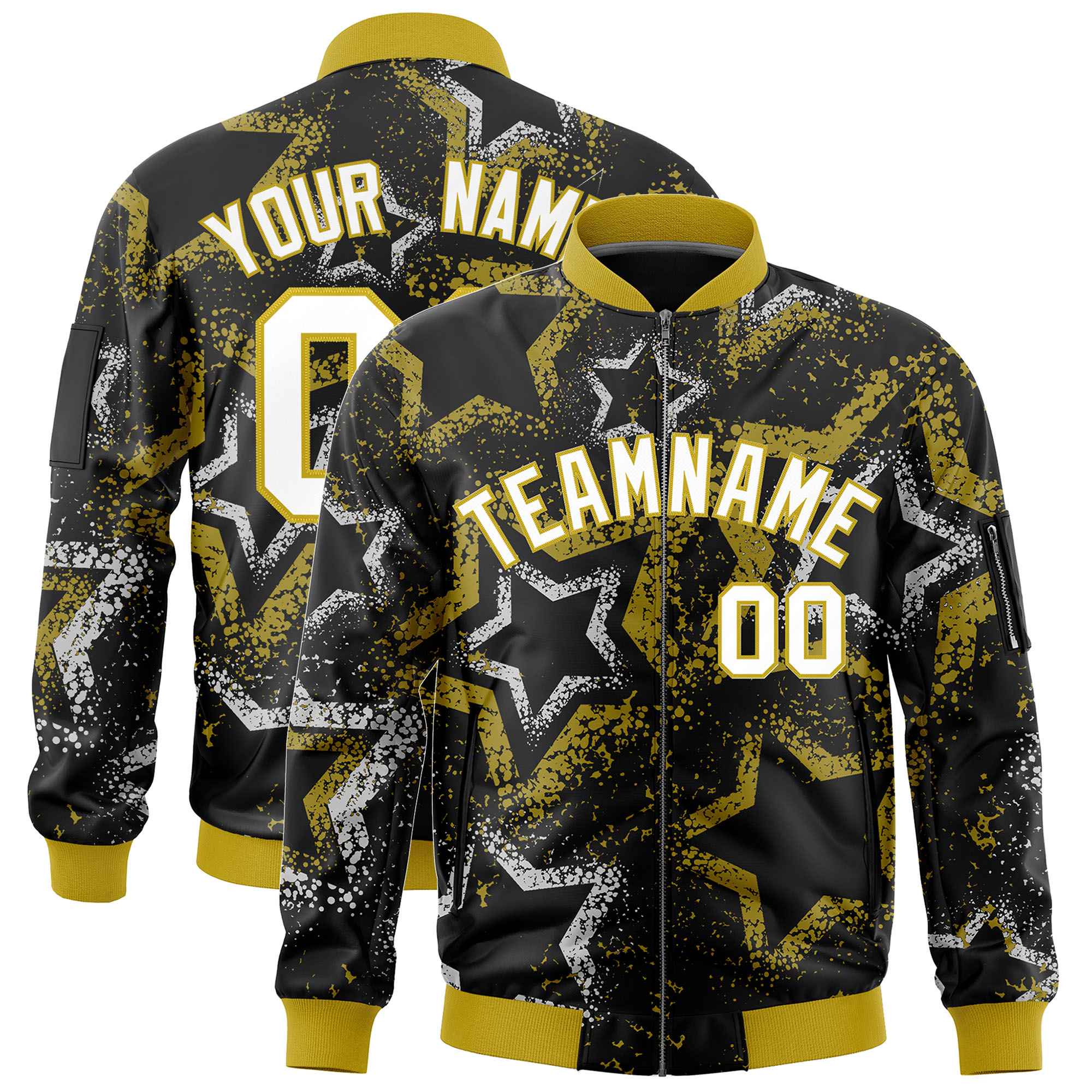 Custom Black Varsity Full-Zip Star Pattern Letterman Bomber Jacket