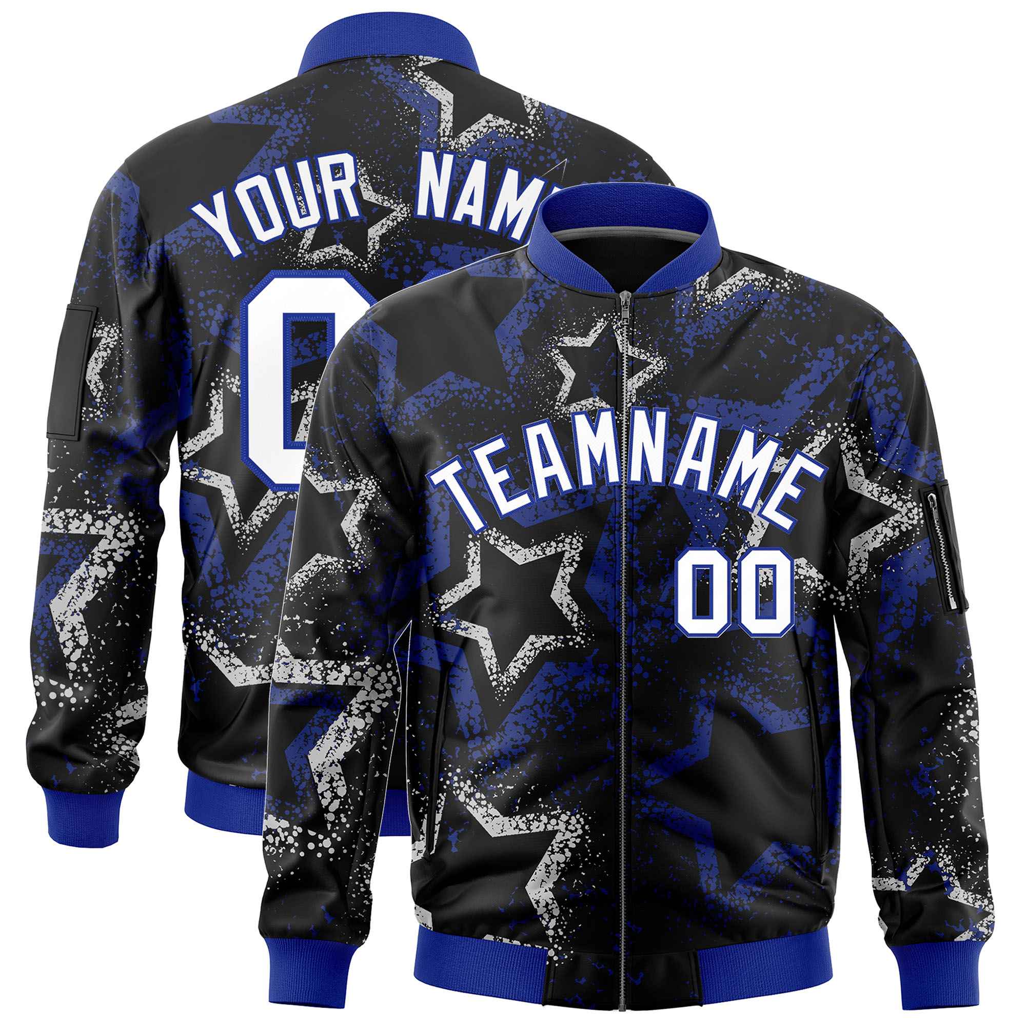 Custom Black Varsity Full-Zip Star Pattern Letterman Bomber Jacket