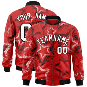 Custom Red Varsity Full-Zip Star Pattern Letterman Bomber Jacket