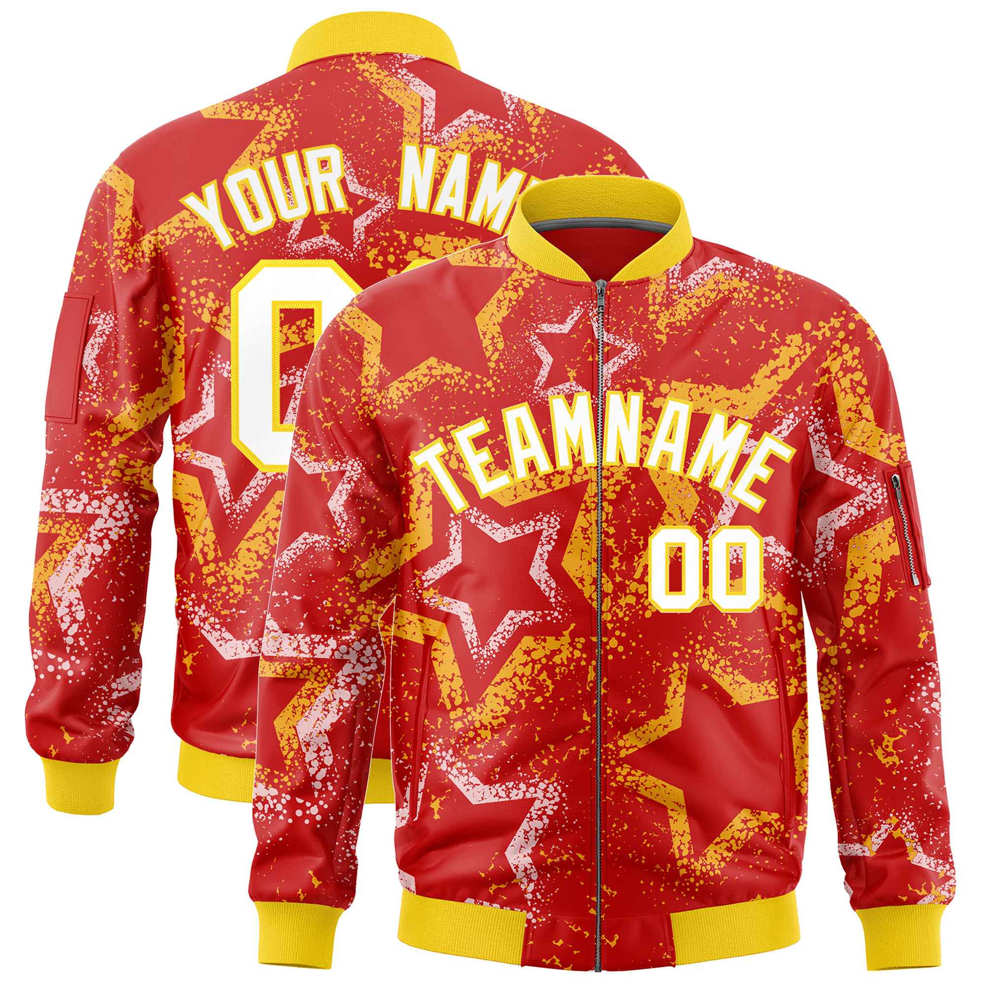 Custom Red Varsity Full-Zip Star Pattern Letterman Bomber Jacket