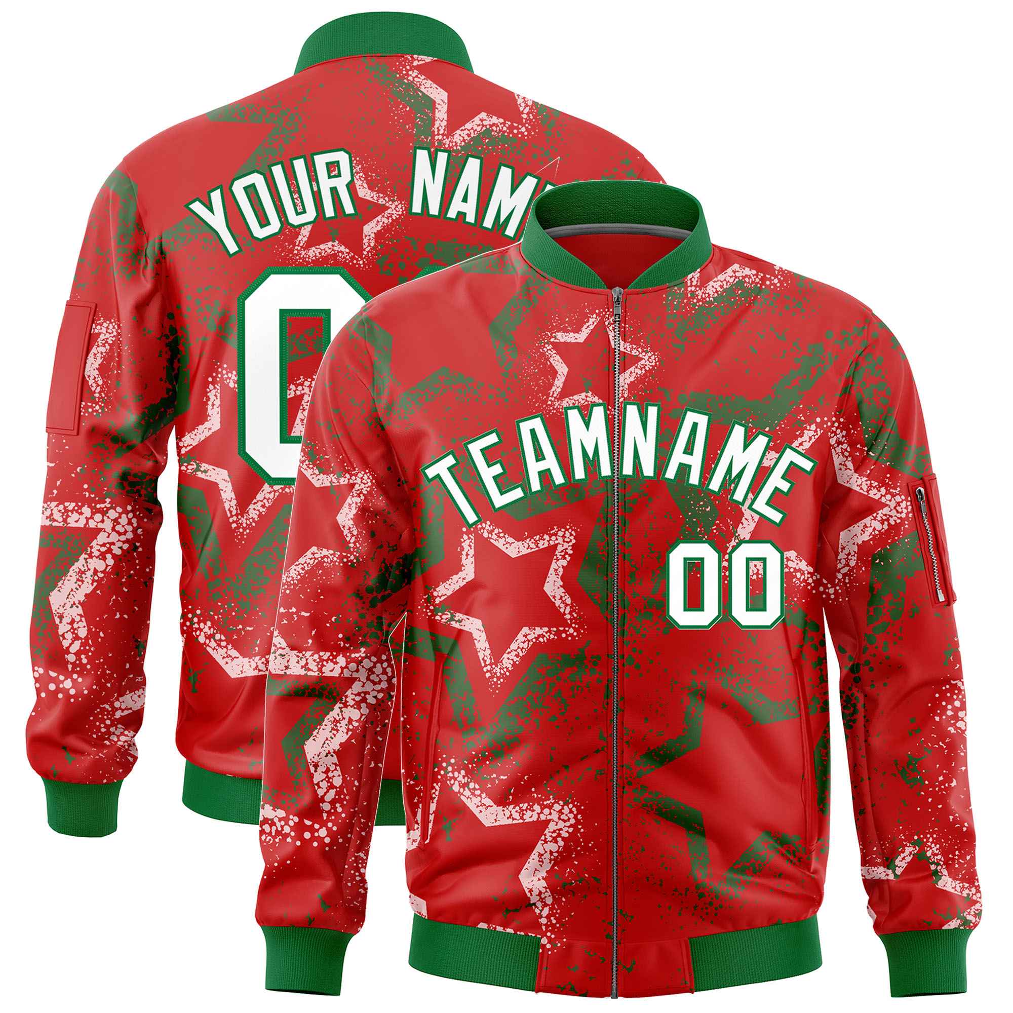 Custom Red Varsity Full-Zip Star Pattern Letterman Bomber Jacket