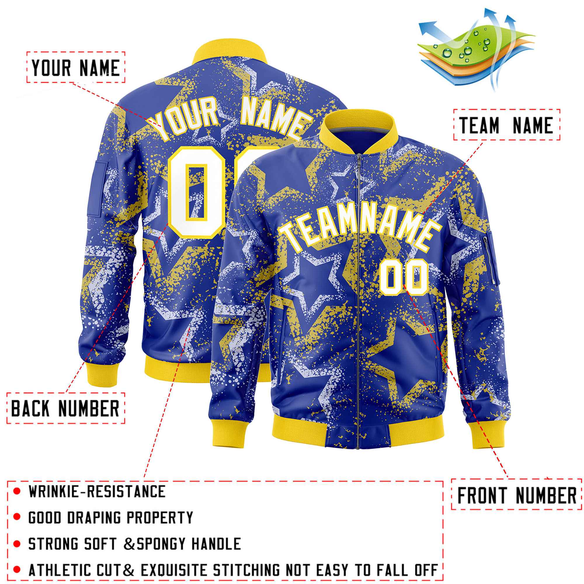 Custom Royal Varsity Full-Zip Star Pattern Letterman Bomber Jacket