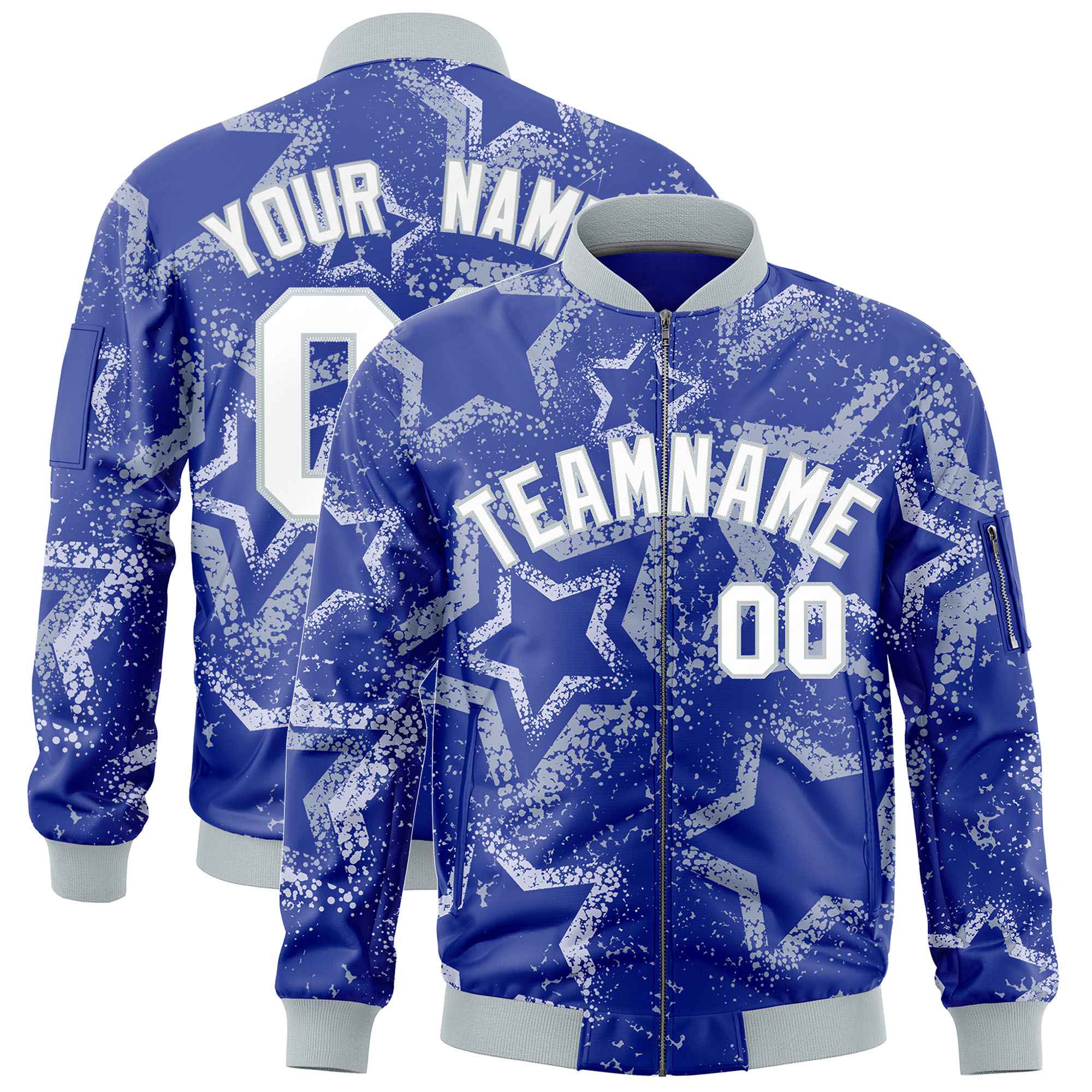 Custom Royal Varsity Full-Zip Star Pattern Letterman Bomber Jacket