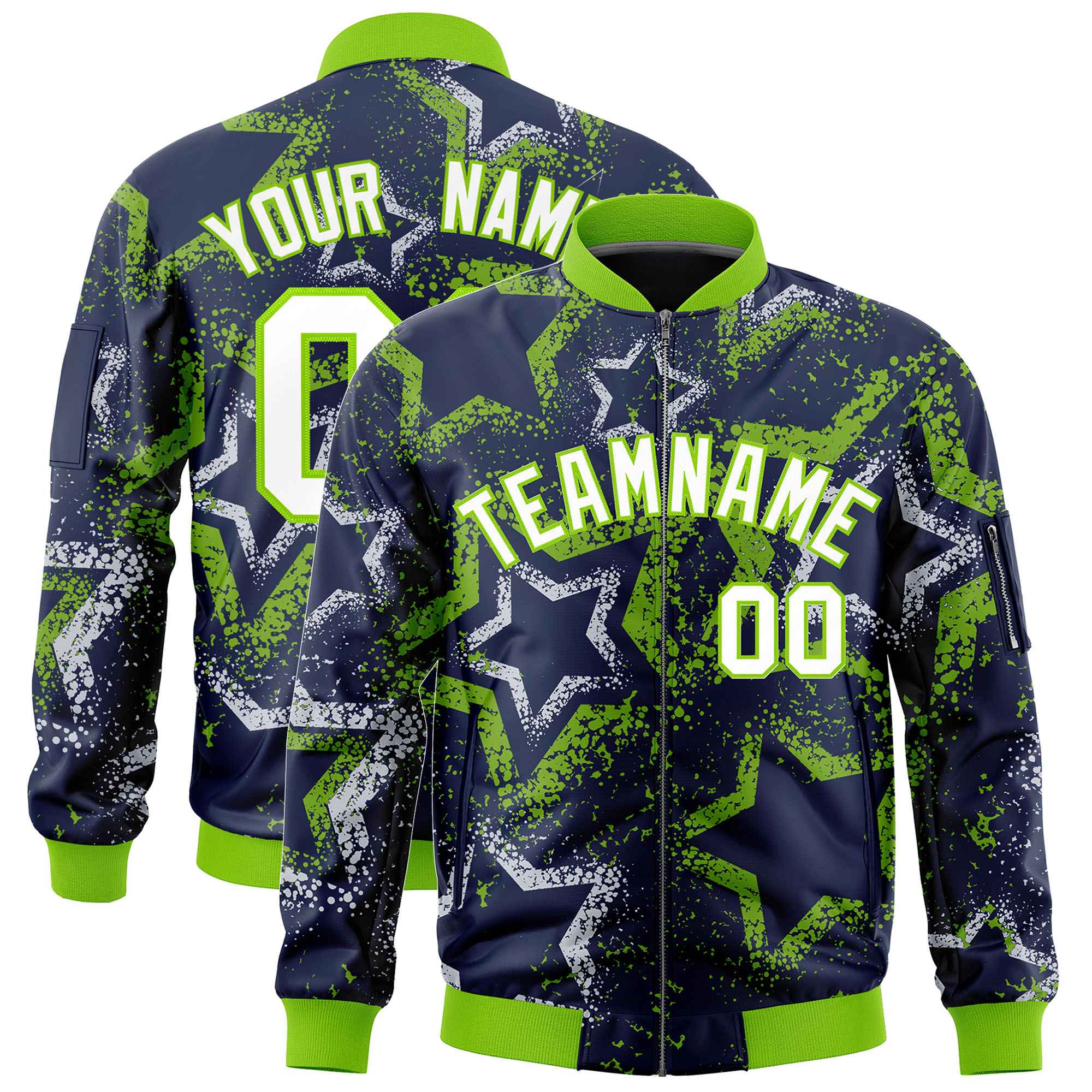 Custom Navy Varsity Full-Zip Star Pattern Letterman Bomber Jacket