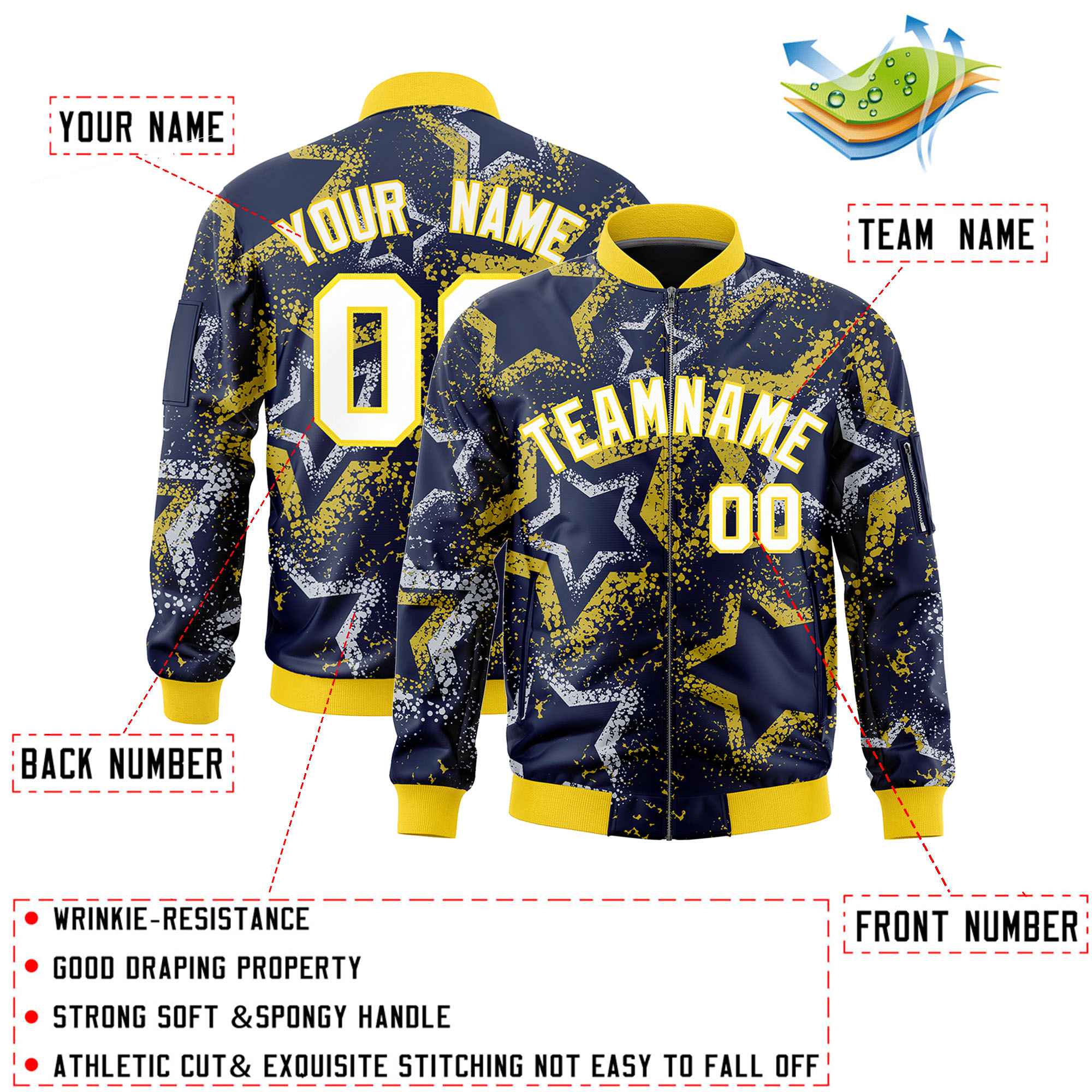 Custom Navy Varsity Full-Zip Star Pattern Letterman Bomber Jacket