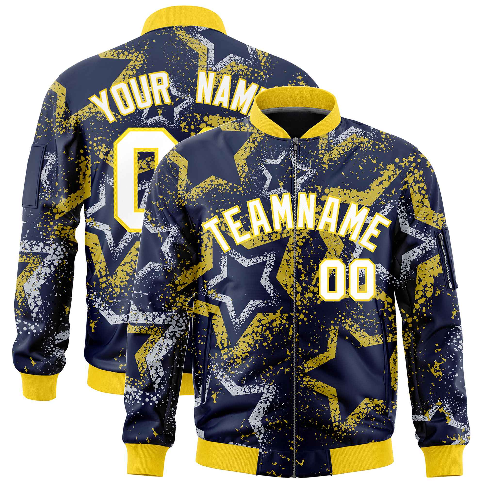 Custom Navy Varsity Full-Zip Star Pattern Letterman Bomber Jacket