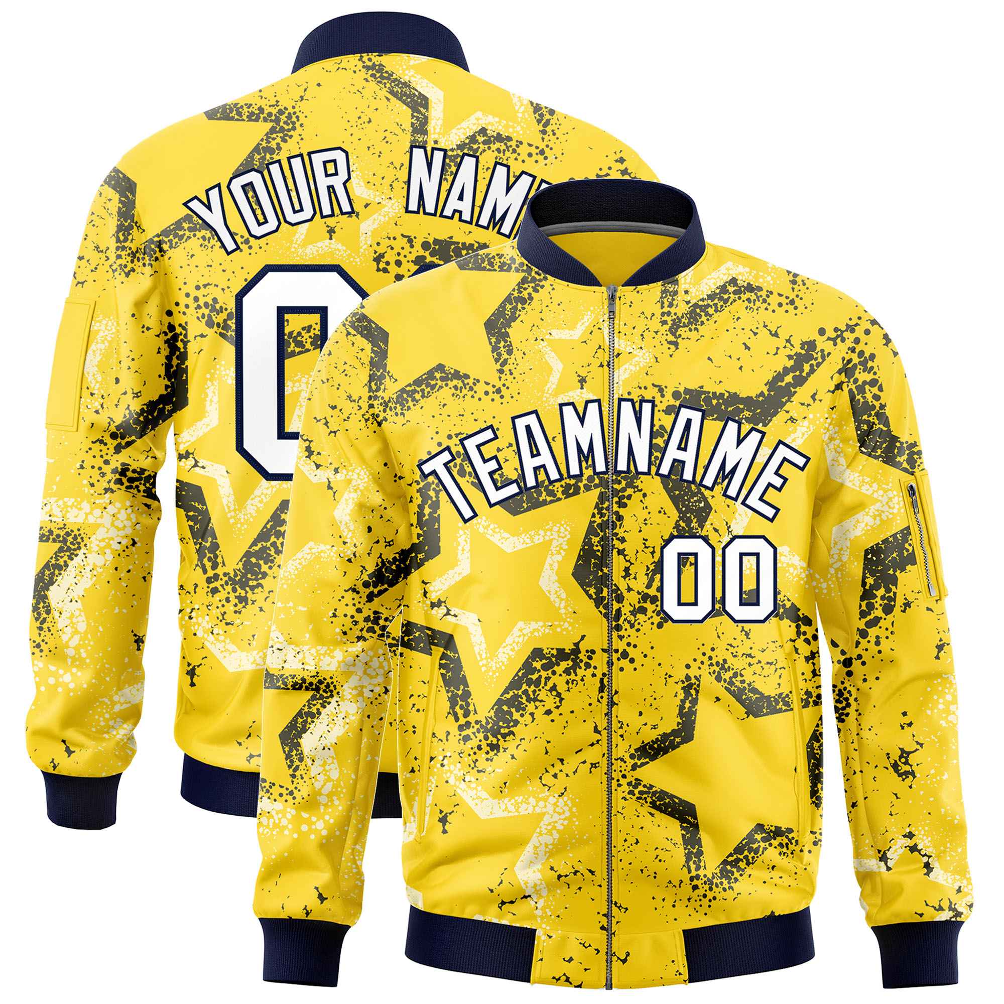 Custom Gold Varsity Full-Zip Star Pattern Letterman Bomber Jacket